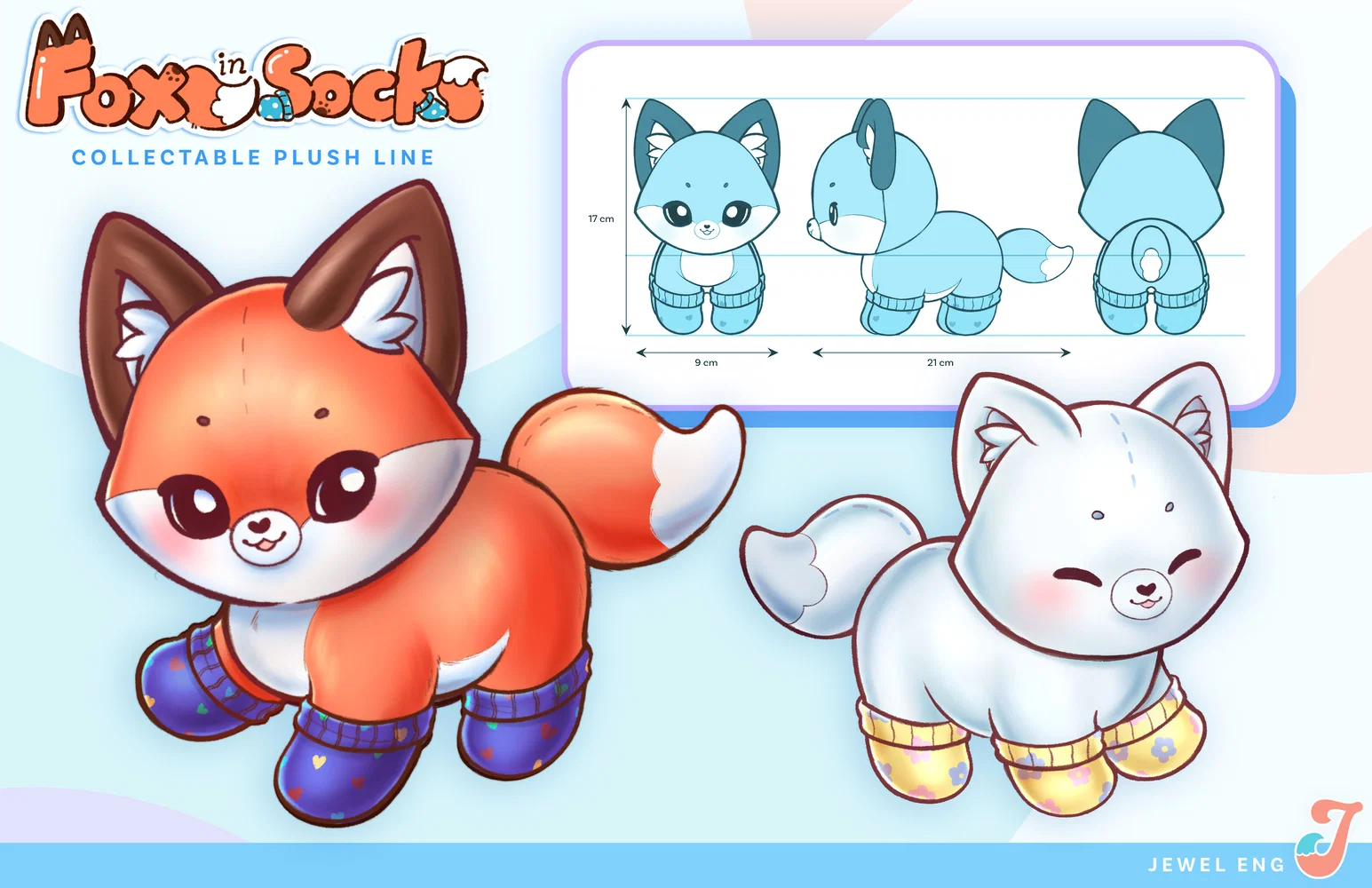 A portfolio page for the plush line Fox In Socks, depicting a red fox and an artic fox wearing cute patterned socks. At the corner, there are turnarounds of the plush fox. 