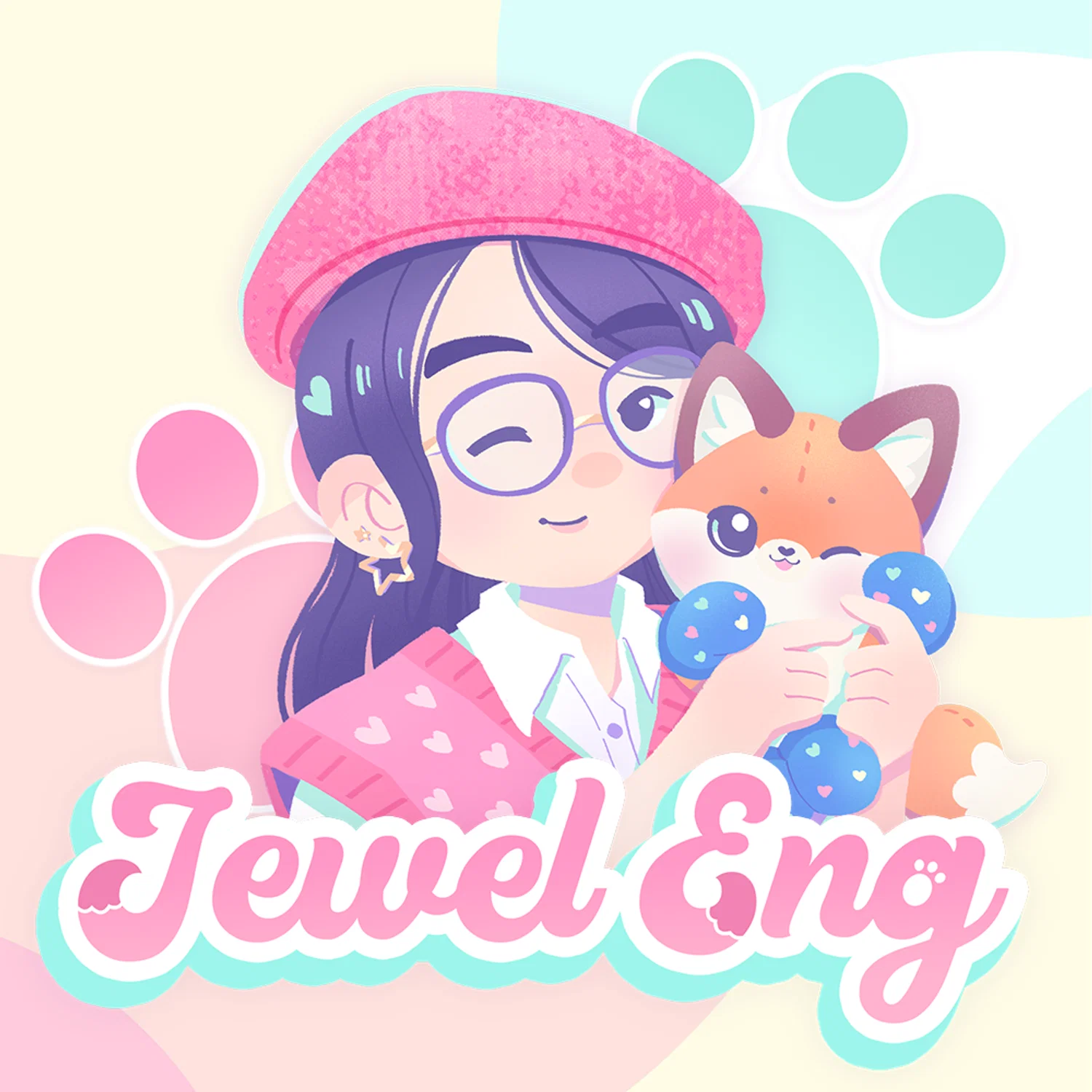 A simplified portrait of a girl with a pink beret and sweater vest holding up a plush fox wearing socks to her cheek in a soft pastel color scheme.