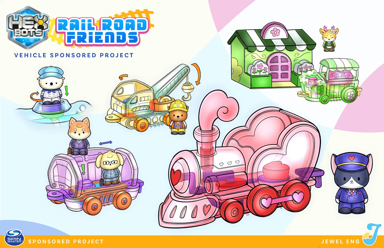 A portfolio page for Railroad Friends, showing a set of train carriages that are bright but also translucent. Each train has an accompanying animal friend figure.  