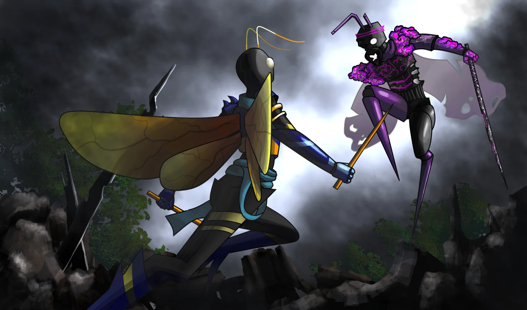 Keyframe of the hero (left) and the villian (right) in a battle