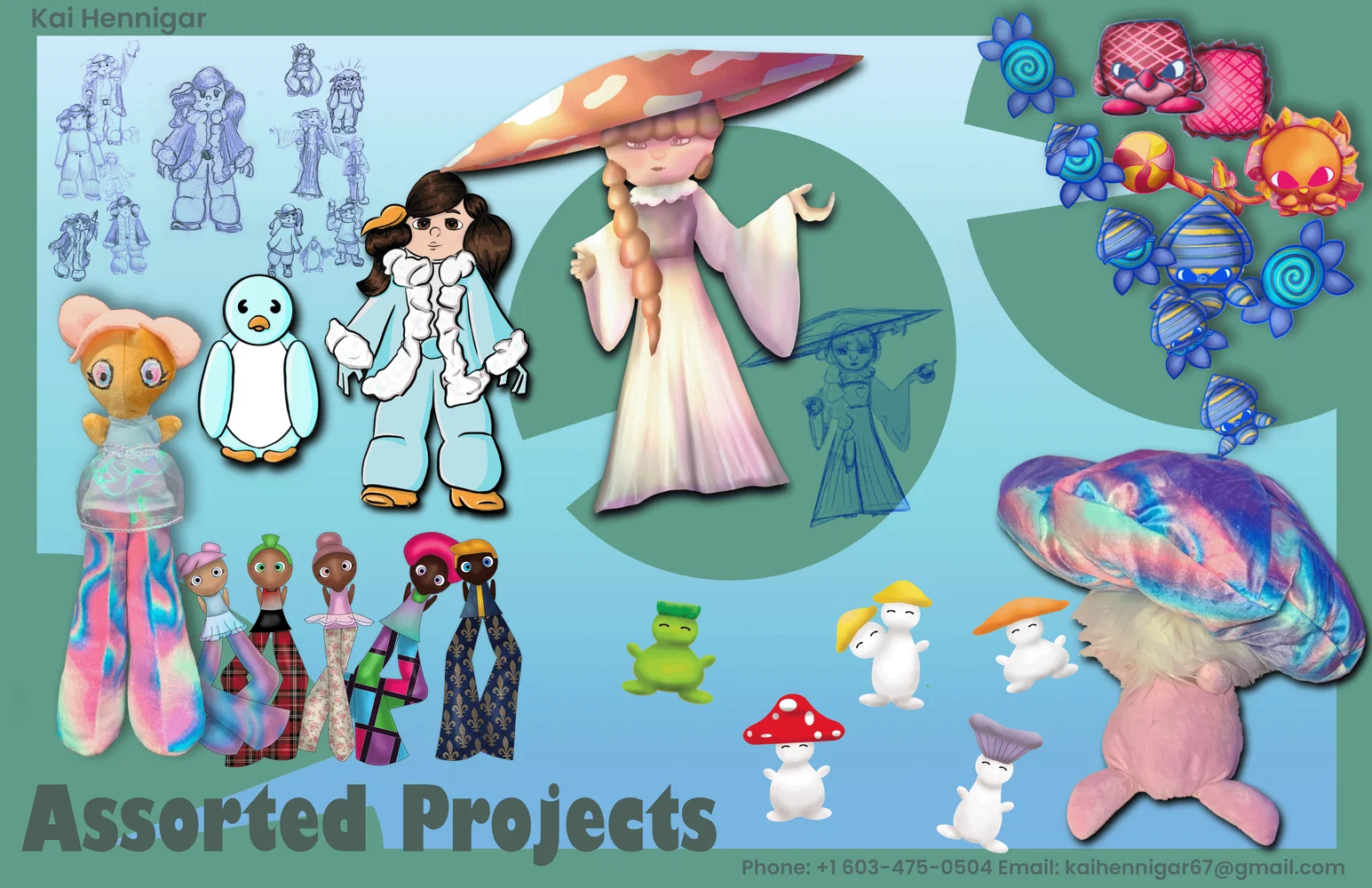 A collage of toy design projects featuring; a small girl in puffy winter jacket with her small pet penguin next to sketchs of her other designs, there is a plush design of a girl with very proportionally long legs in a tie-dye fabric, next to sketches of similar designed plushes, a girl in all white clothes with a large anita mushroom cap hat next to a sketch of a previous design of hers, there are 3 designs of flippable plushes next to an illustration how one of them flips from a squid into a candy design, lastly there is a plush mushroom next to 5 other mushroom plush designs