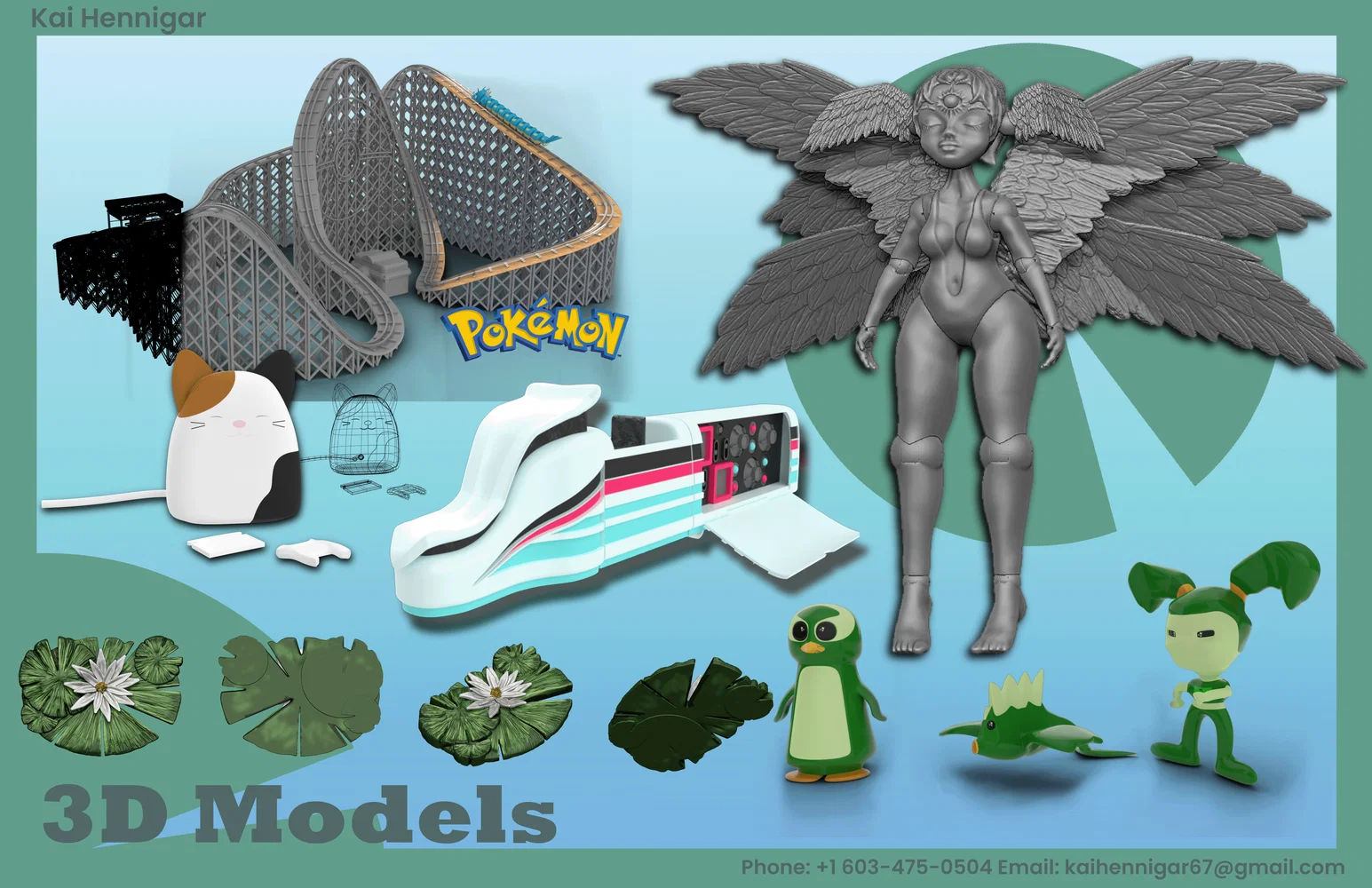 8 3D modeled designs; a pokemon themed amusement ride, a squishable themed video game station, a hatsune miku themed train, an angel character, a water lily on three lily pads, a penguin, a fish, and a girl with pigtails