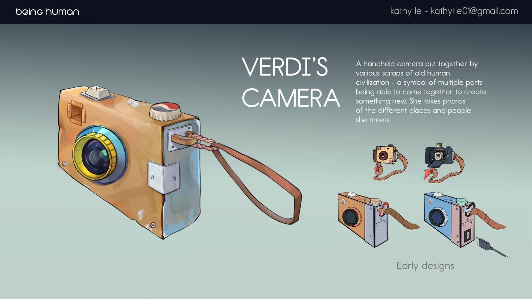 Prop Design sheet, a makeshift camera put together using scraps of metal and found parts.