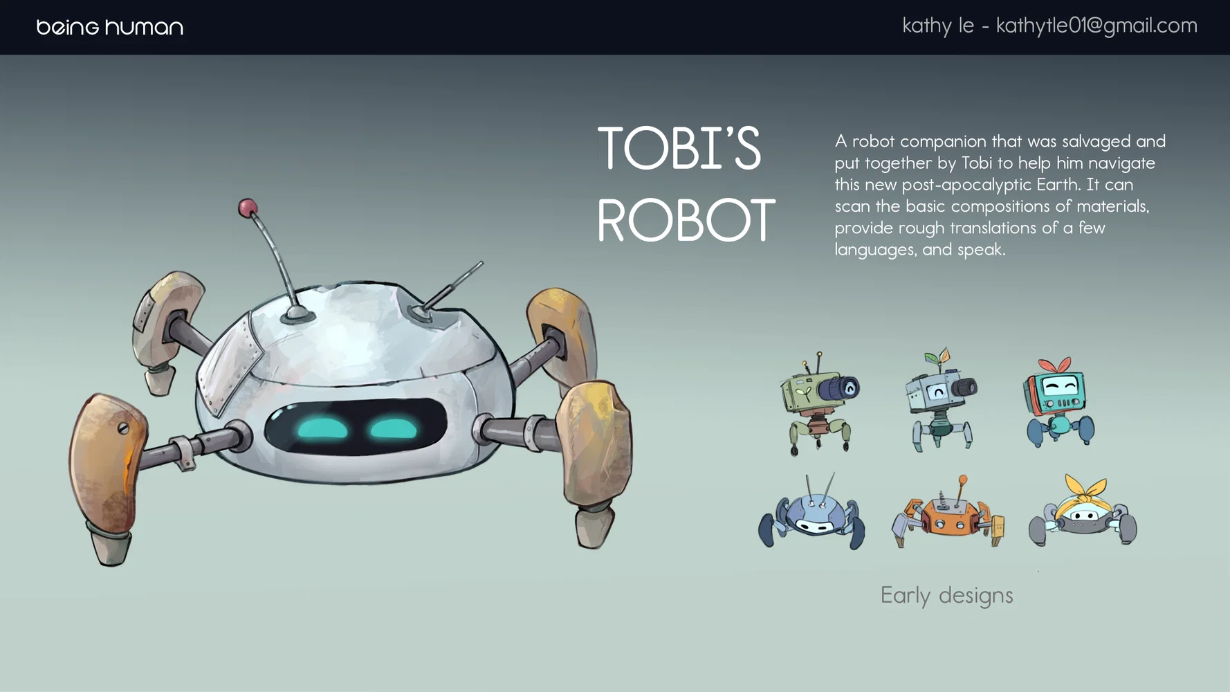 Prop Design sheet, a robot companion that was salvaged and put together using various parts.