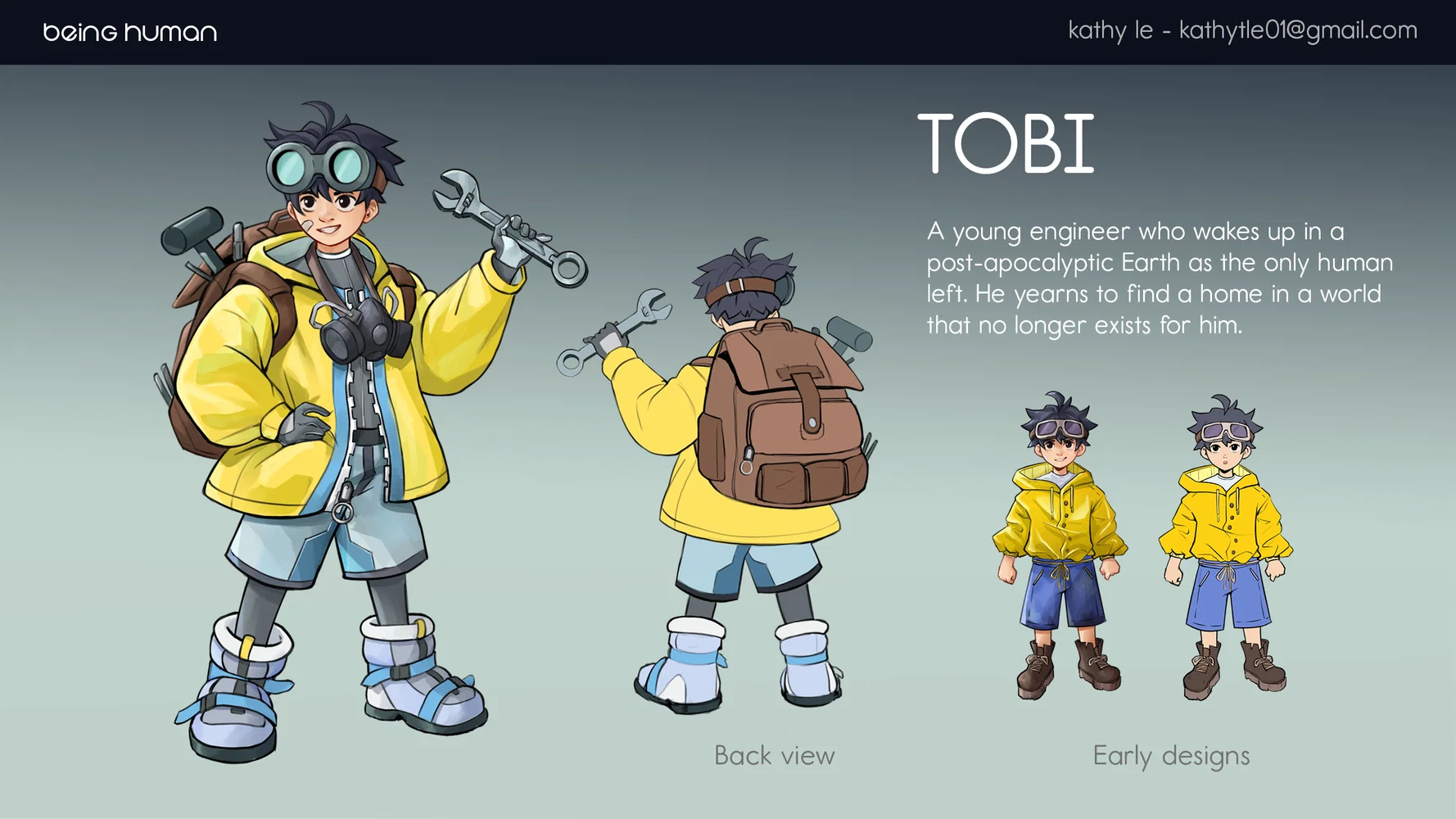 Character Design sheet featuring Tobi, a young human boy with a passion for tinkering around.