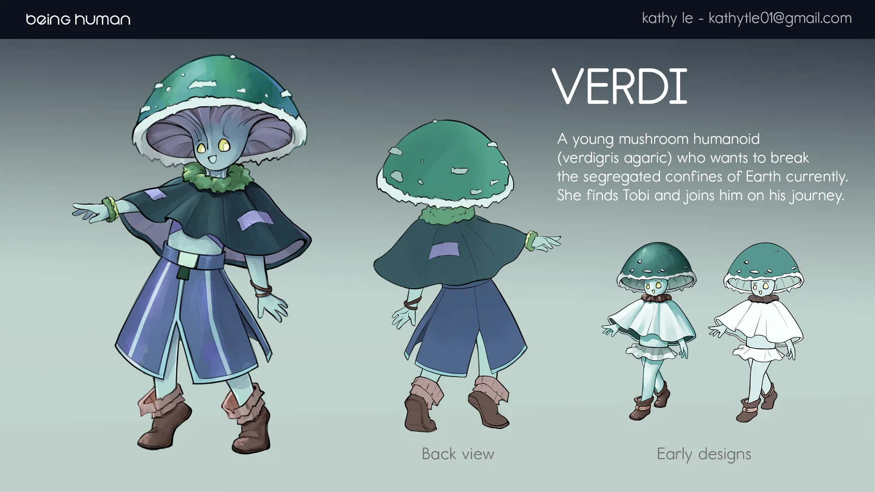 Character Design sheet featuring Verdi, a young mushroom humanoid who wants to explore the world.