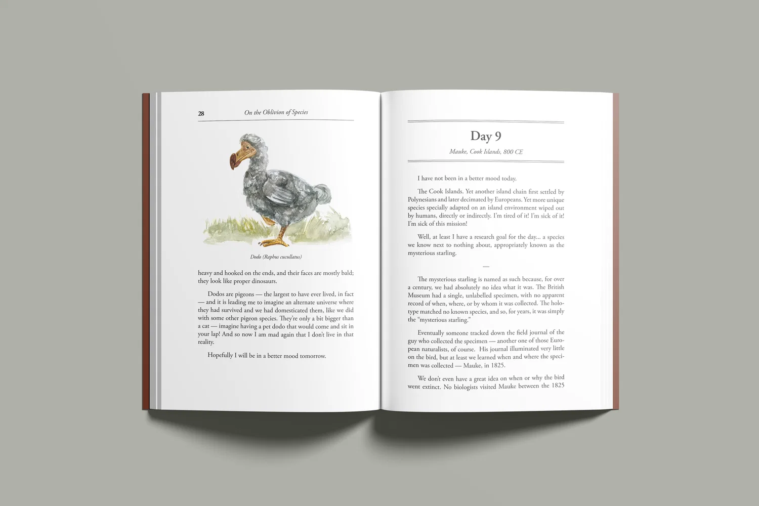 A mockup photo of a book, open to an interior pagespread. The book is typset as a novel. The left page features a realistic watercolor illustration of a dodo.