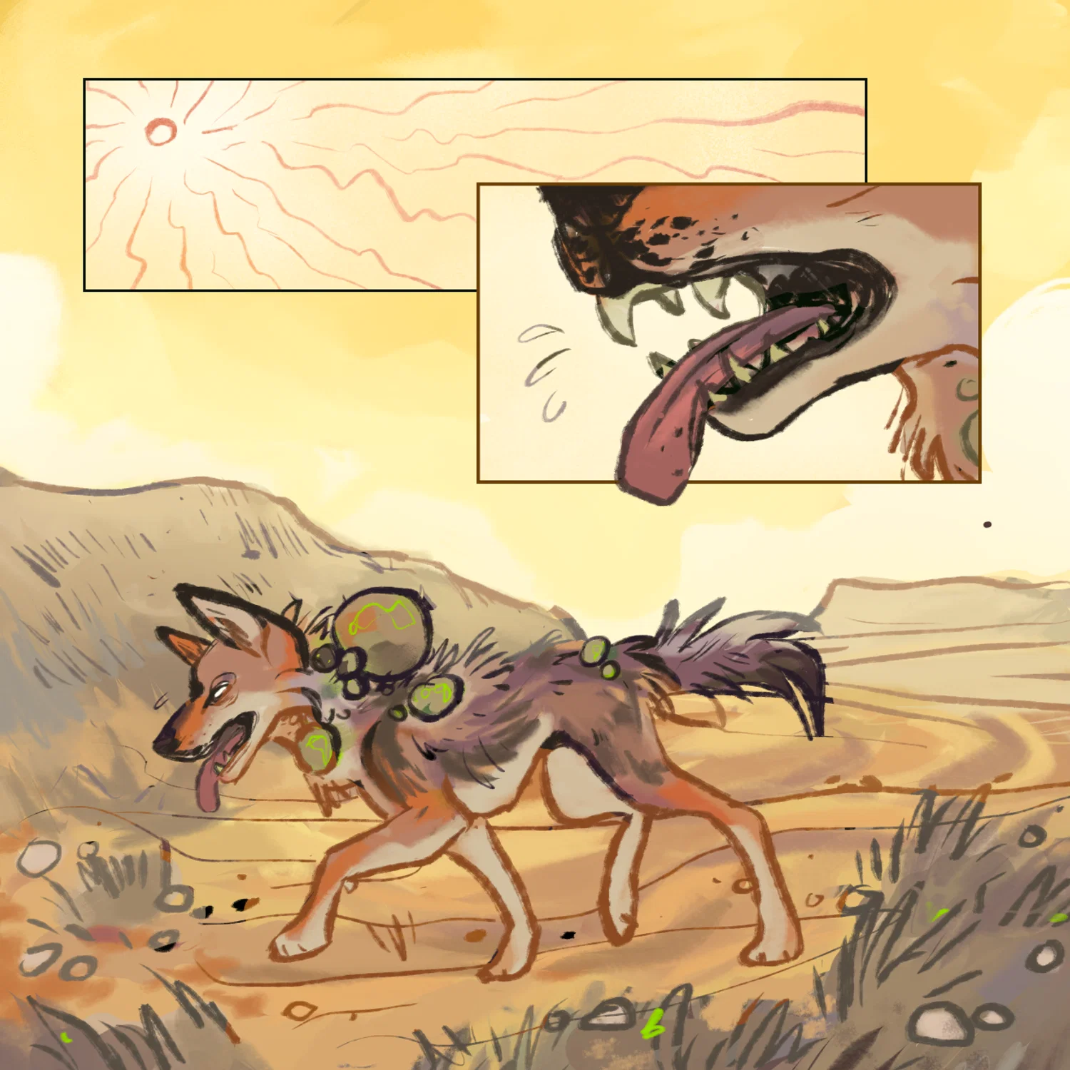 A comic page showing a coyote, covered in sickly green tumors, panting as it crosses a desert landscape.