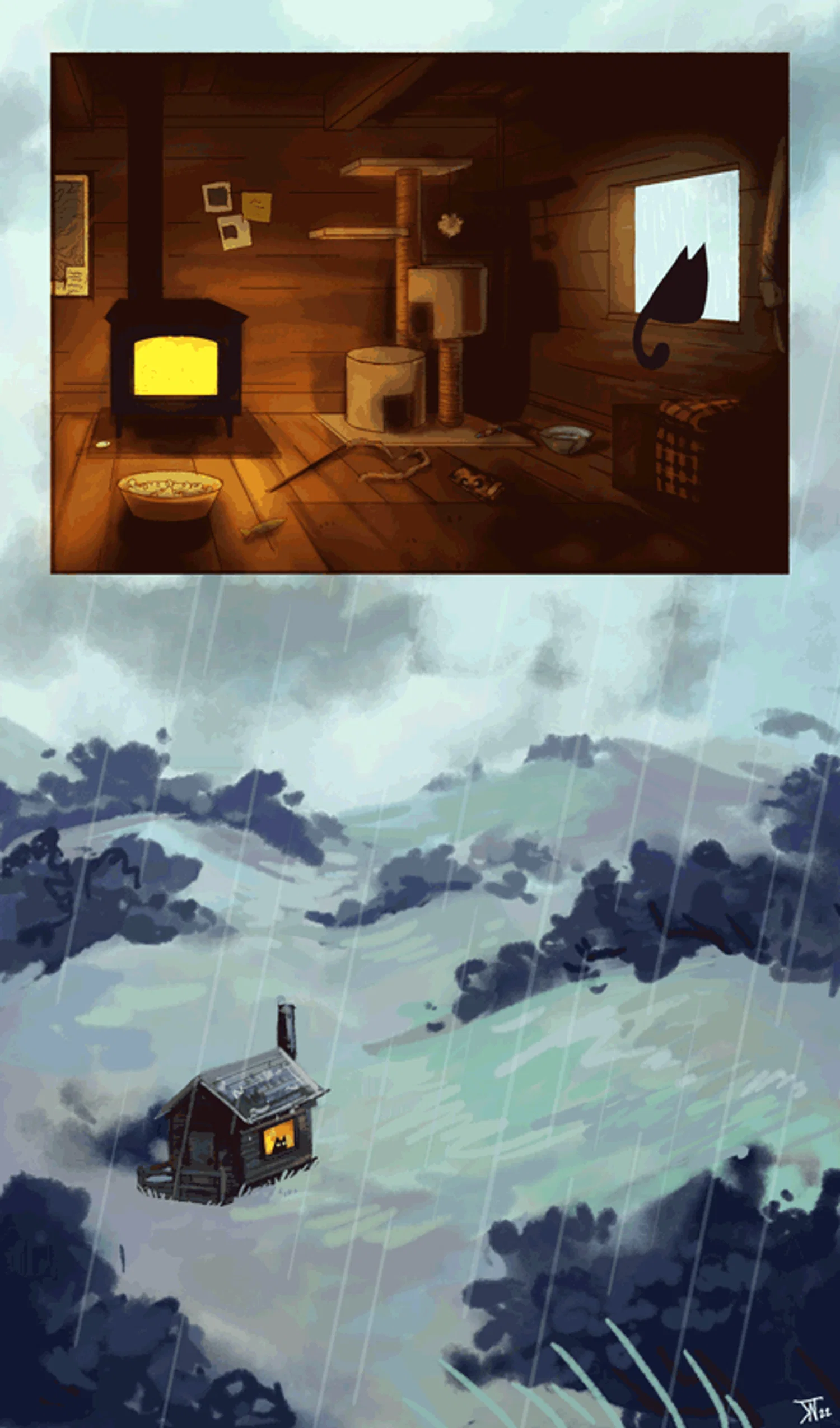An animated gif showing two panels. In the first, a cat sits in a small, cozy cabin and looks out the window; its tail and ear flicks. The second shows the world outside the window: an open field with heavy rain and wind. 