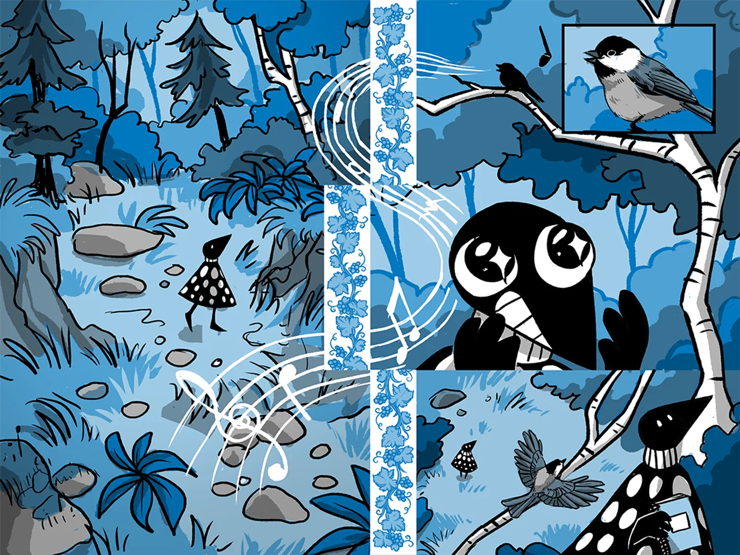 A comic pagespread rendered in shades of blue and grey showing an anthropomorphic loon character exploring a dense woodland and encountering a white-capped chickadee.
