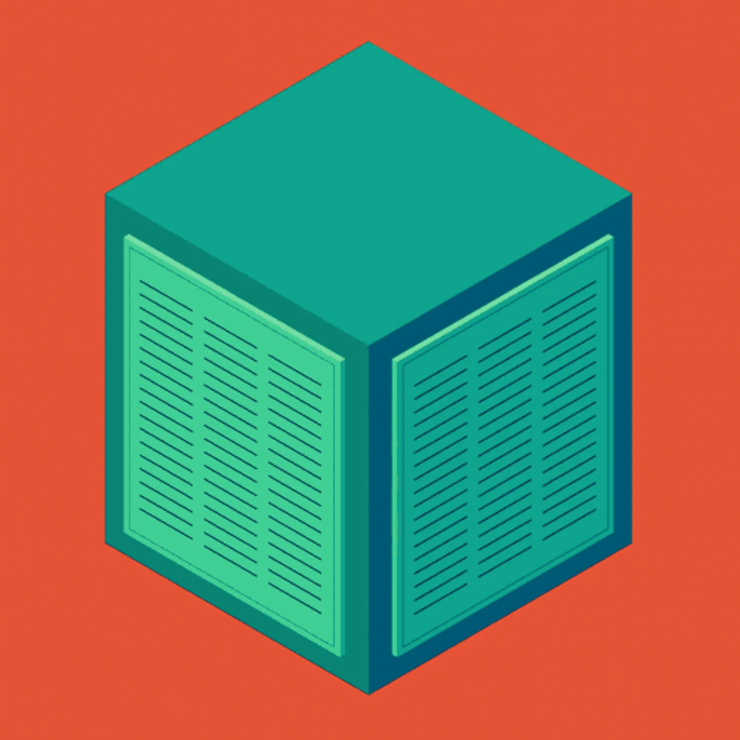 An animated diagram of a swamp cooler, in an isometric lineless style and rendered in shades of orange and teal. 