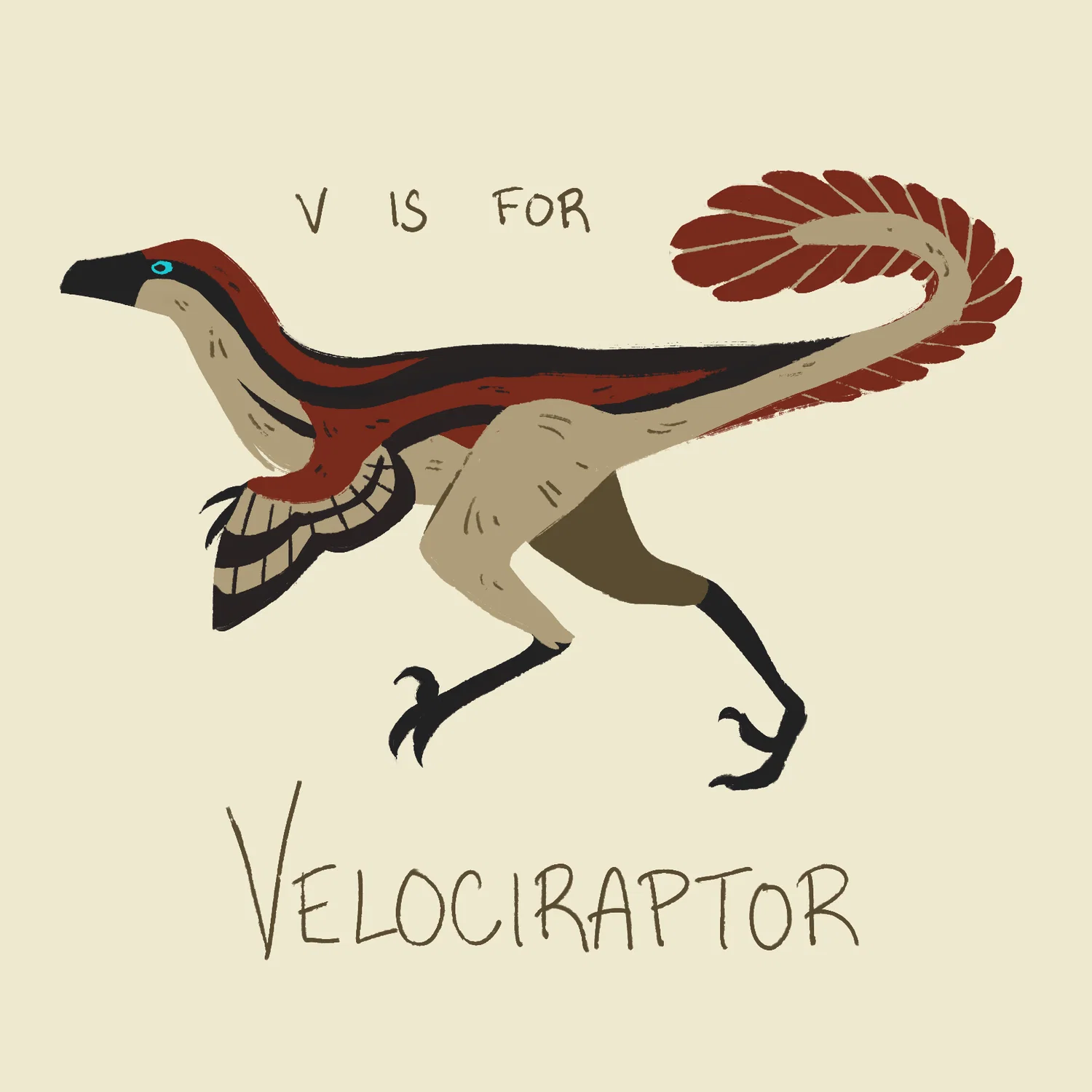 An illustration of a feathered Velociraptor in a simple lineless style. Handwritten text on the image reads "V is for Velociraptor."