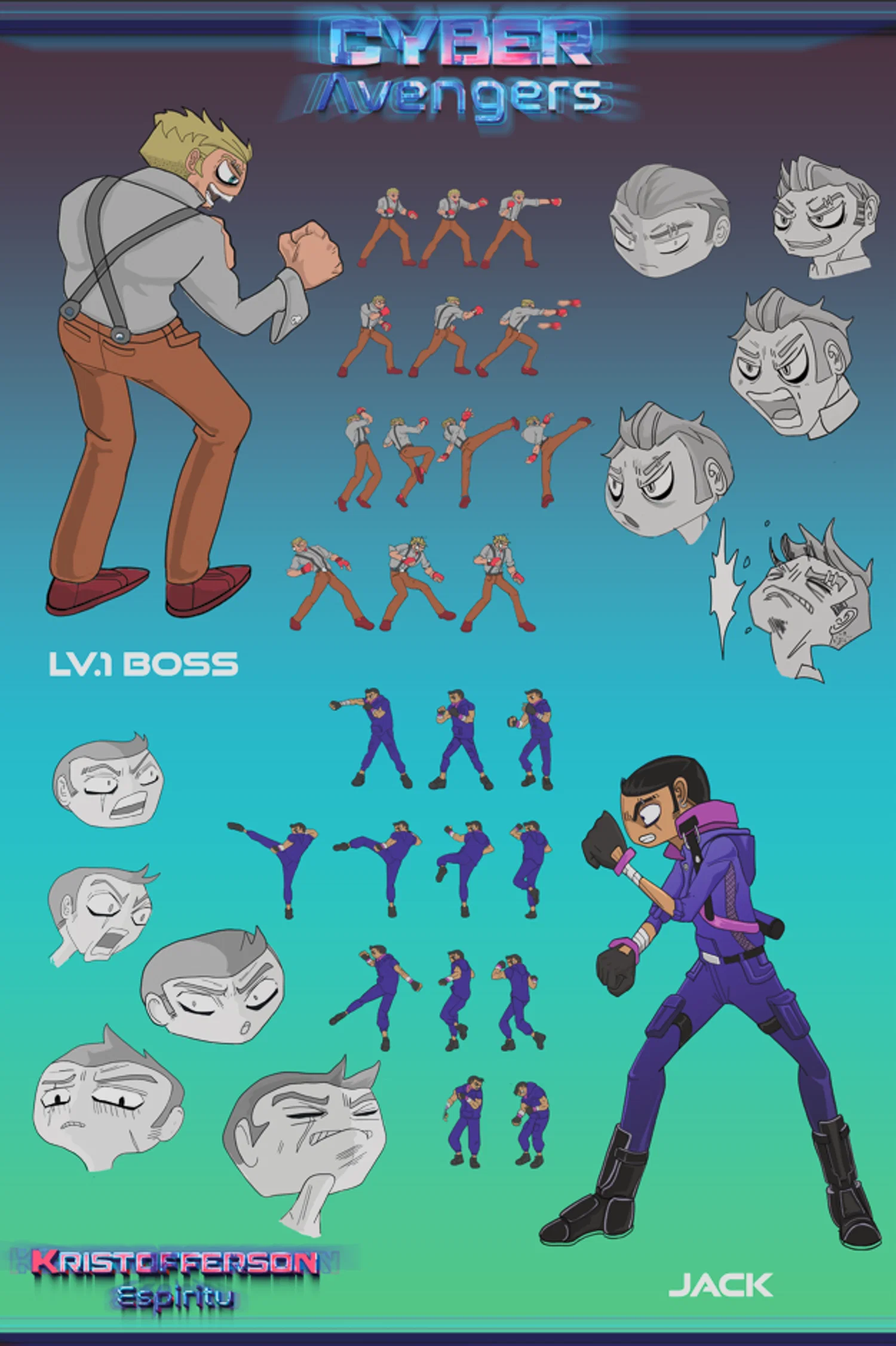 a character concept sheet with sprites, facial expressions and poses
