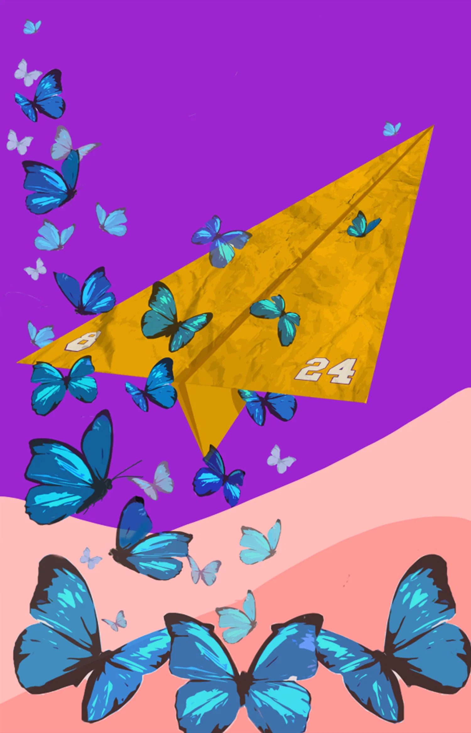 a concept for a mural panel. A yellow paper plane representing Kobe Bryant, flying through a blue butterfly's