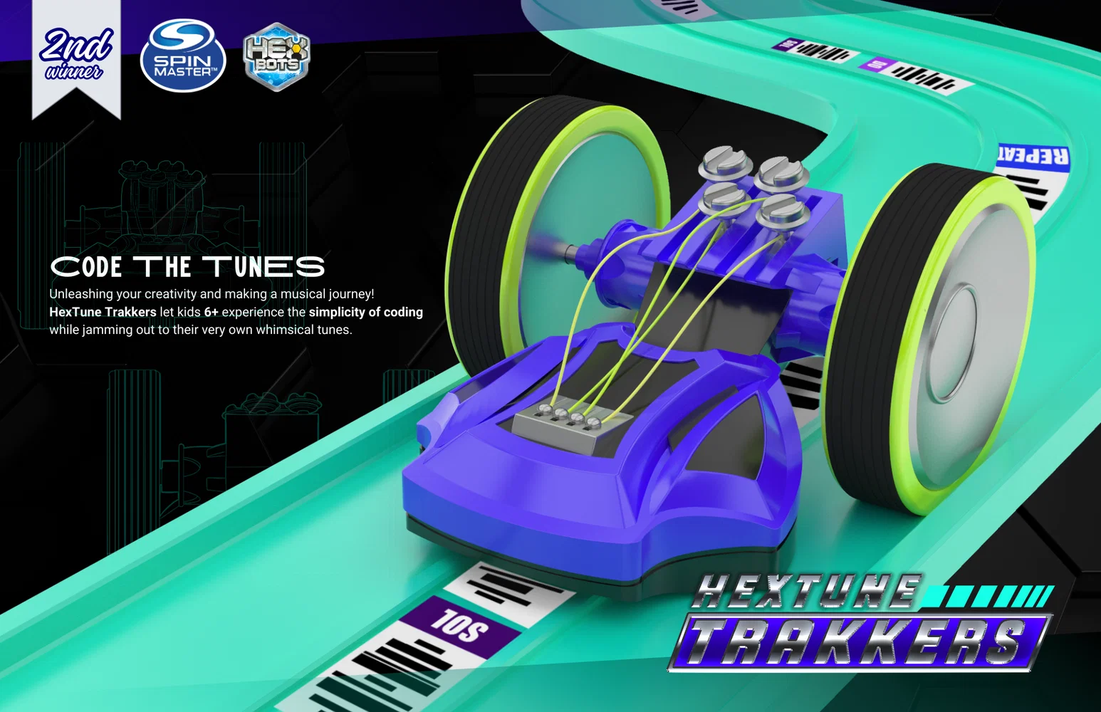 Hextune Trakkers (2023). Kyla Kwon was chosen for Vehicle Toy Project sponsored by Spin Master, and won the second prize with scholarship with the unique vehicle play pattern for Hexbots. 