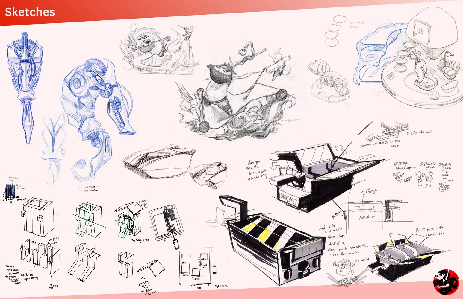 Some initial concept sketches, mechanism drawing, and design developmental sketches.