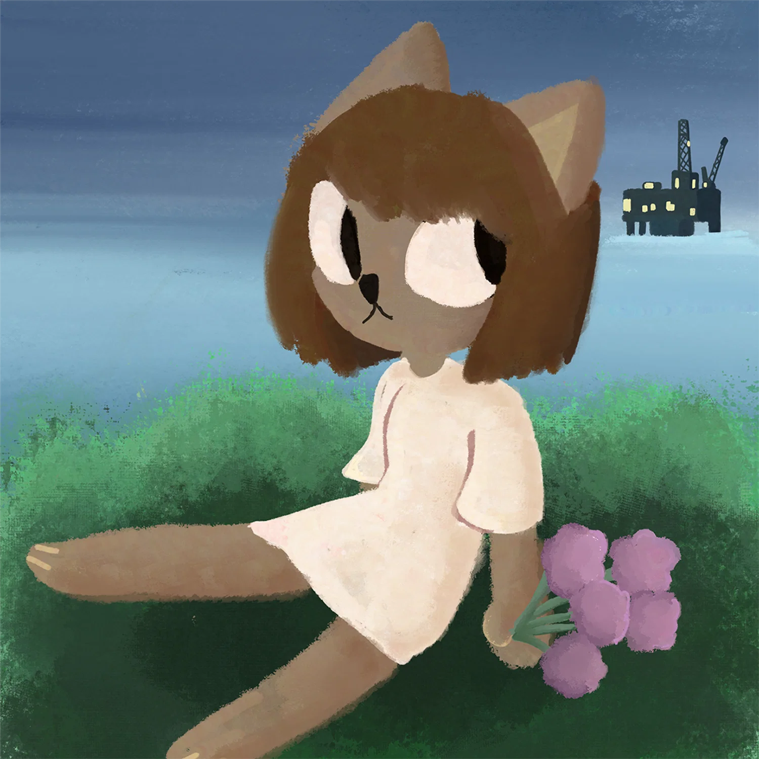 A anthro cat thing sitting in the center of painting holding flowers on some grass while they look to the side of them. In the background there is water and an oil rig. 