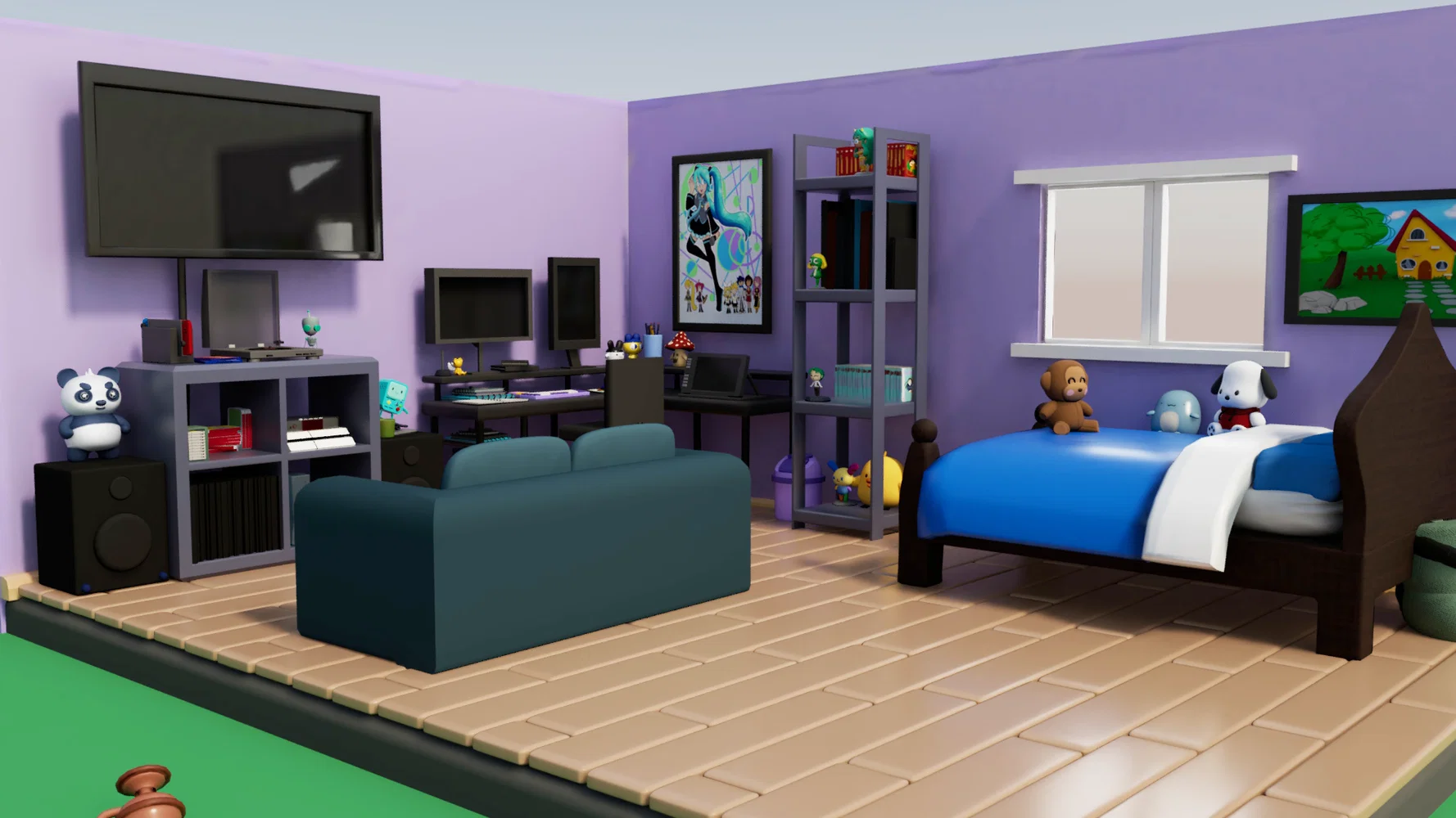 3D isometric room, filled with items used by an artist 