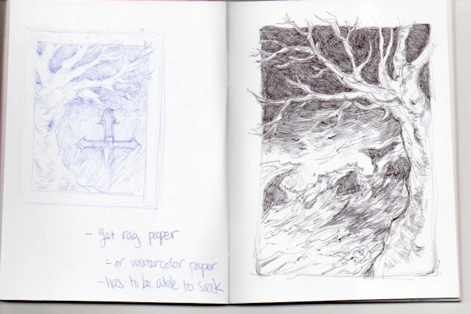 Sketch thumbnails done in ballpoint pen.
