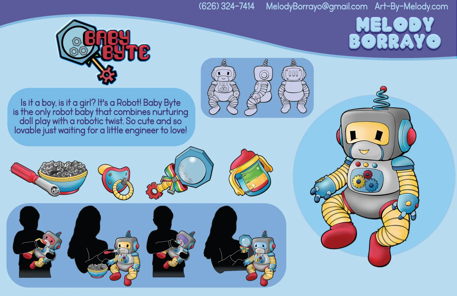 Baby Byte. An original baby doll concept. A cute and lovable baby robot doll that children can care for.