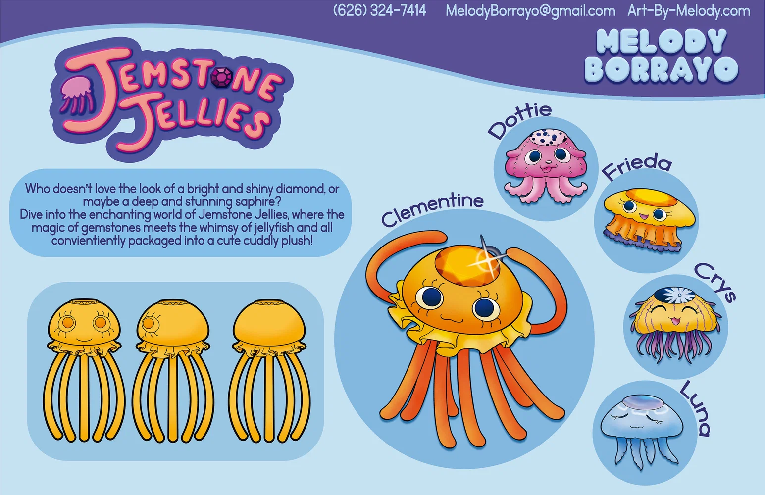 Jemstone Jellies. An original collectible plush line concept. Cute and whimsical jellyfish adorned with a beautiful and shiny stone on their head.