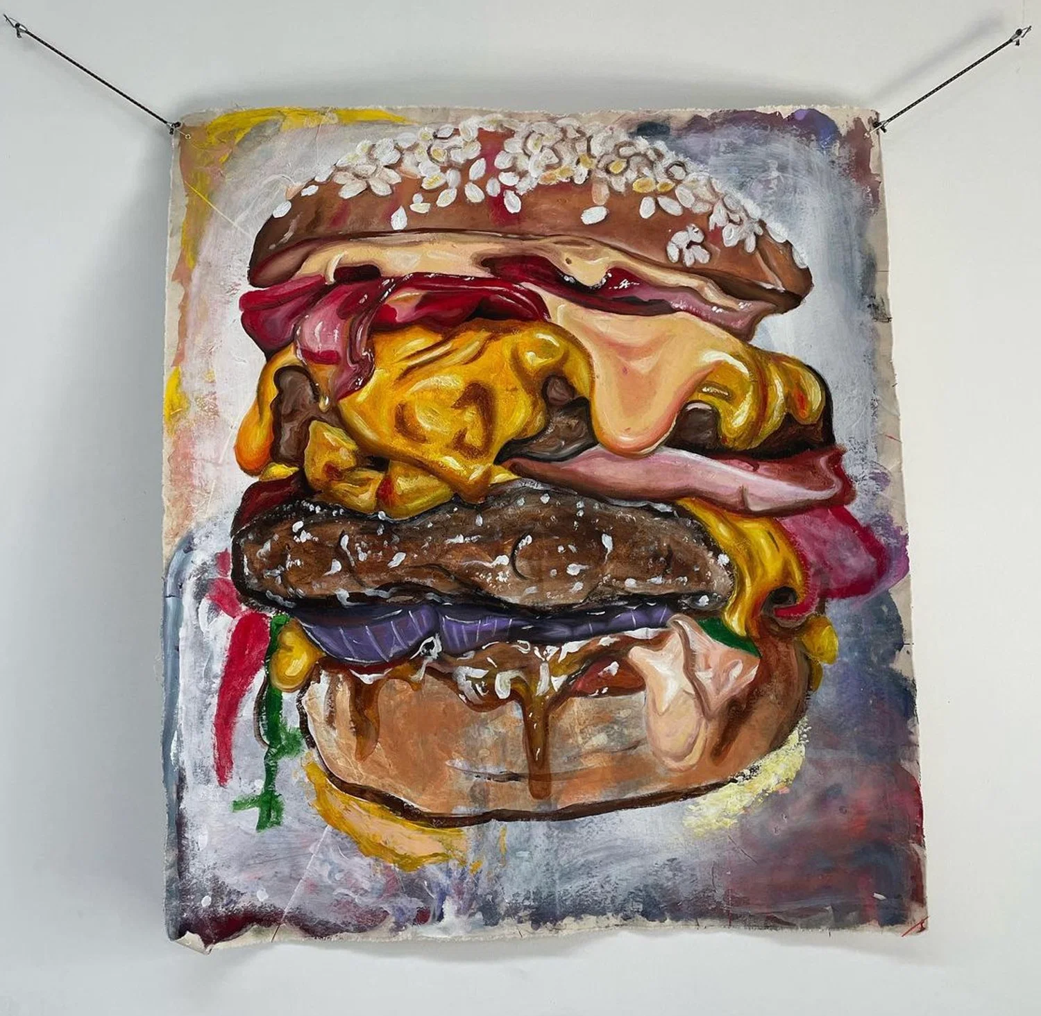 Cheeseburger Combo #1 | Acrylic and glass bead gel on canvas | 42 x 46 1/2 in. | 2023