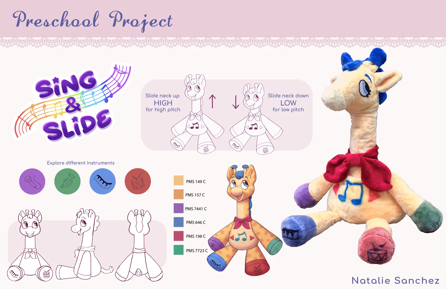 portfolio page of Musical Giraffe Plush. Includes technical turnaround drawings, feature callouts, PMS color selection, and plush prototype