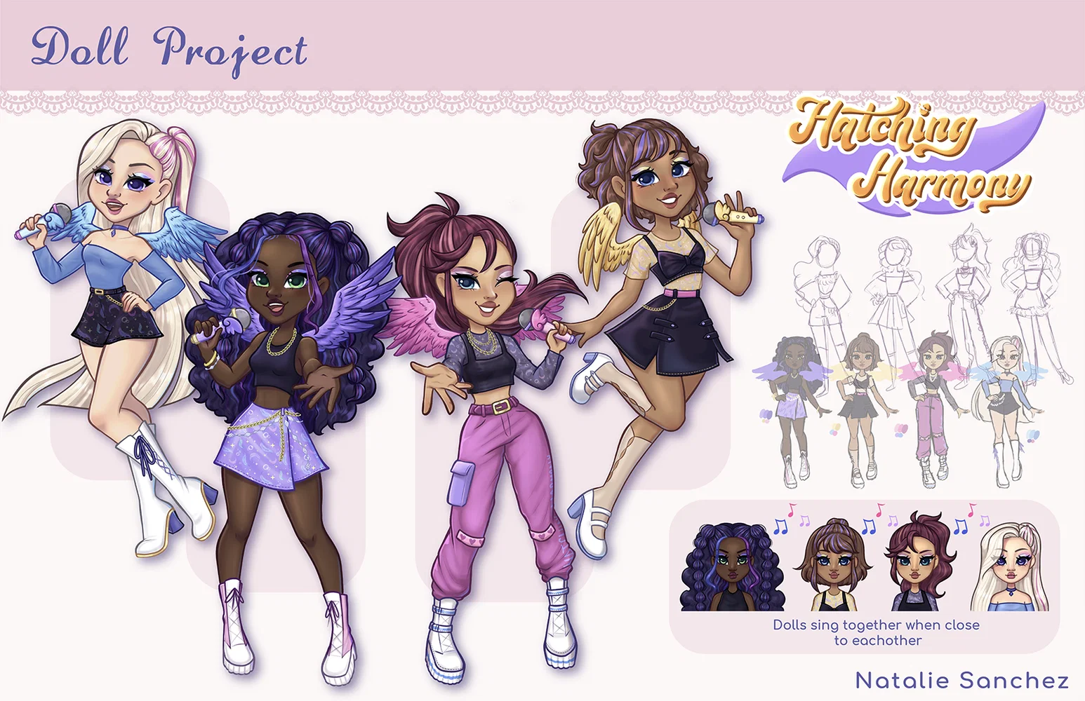 Portfolio page of original doll line- Hatching Harmony. Includes beauty shot of four dolls part of an idol group with colorful wings. Feature callout and initial sketches