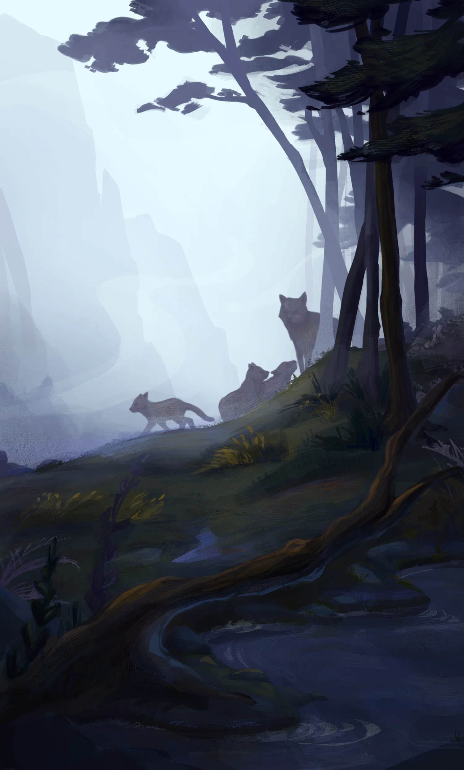 A wolf and her pups in a foggy forest