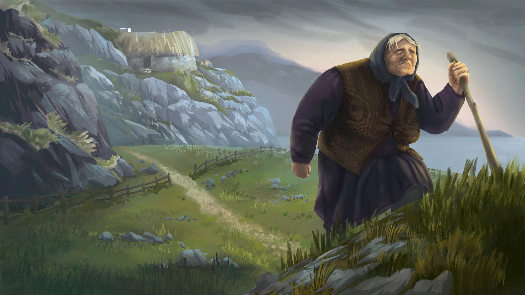 An elderly woman climbs a hill in stormy weather with a cliffside shack in the background.