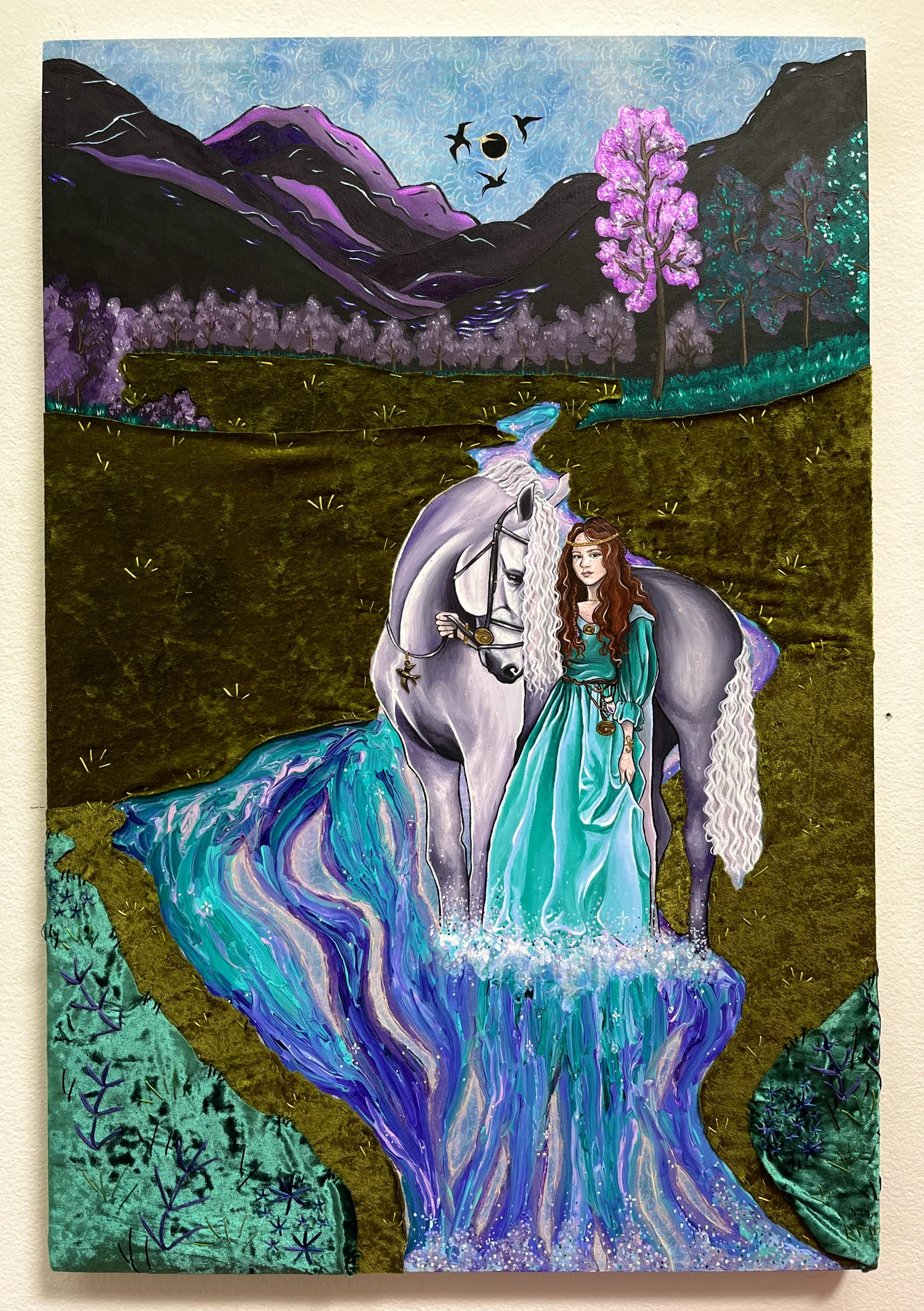 The Lunar Eclipse of Songbirds and Spirits - Goddess Rhiannon. 24 x 36 inches. Acrylic paint, fluid paint, bird charm, velvet fabric, & embroidery floss on fabric. 2024