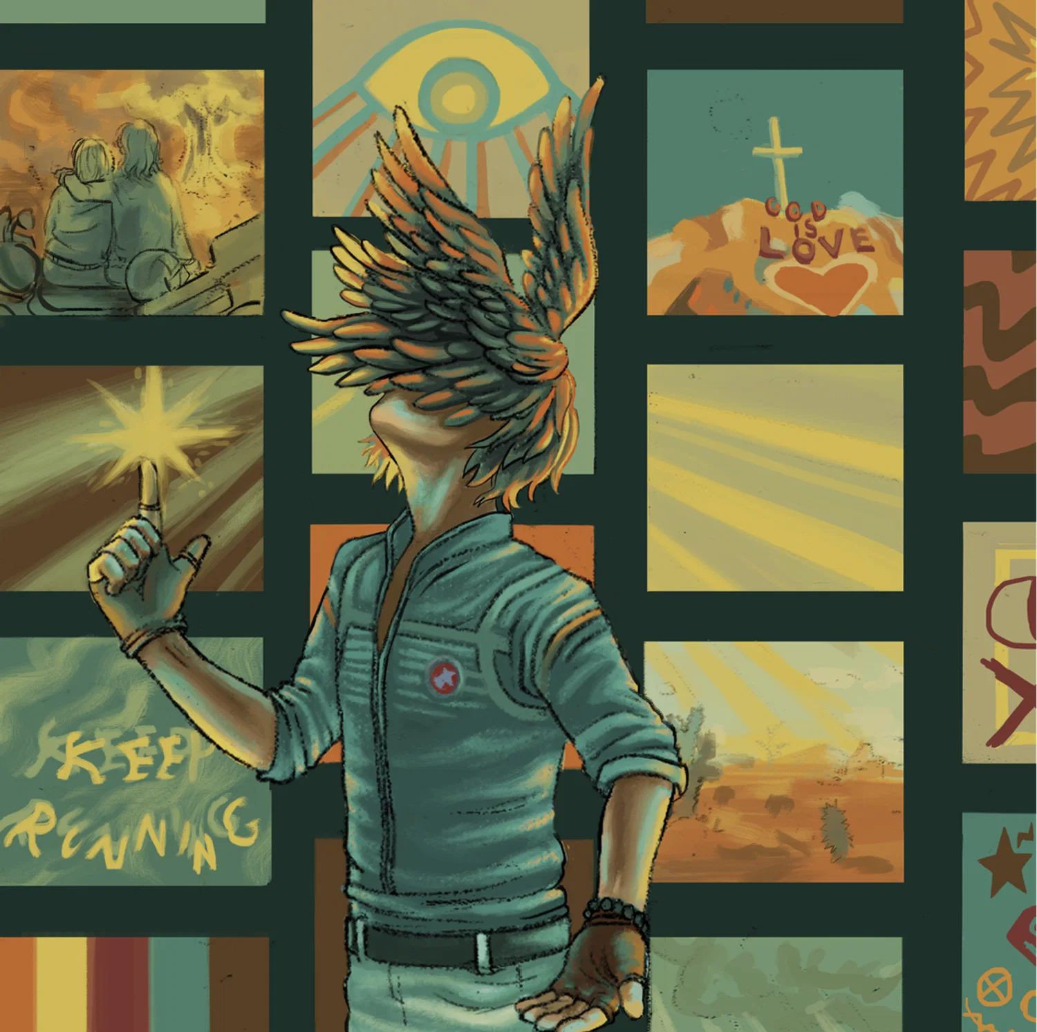 A digital illustration of a character in front of many screens. The character is depicted from the waist up and has wings sprouting out of his hair, covering his face. He is pointing and looking upwards, with a light positioned above his finger. The screens depict various text and scenes set in a desert. Text on the bottom left reads "Keep Running", and Salvation Mountain is depicted on the top right.
