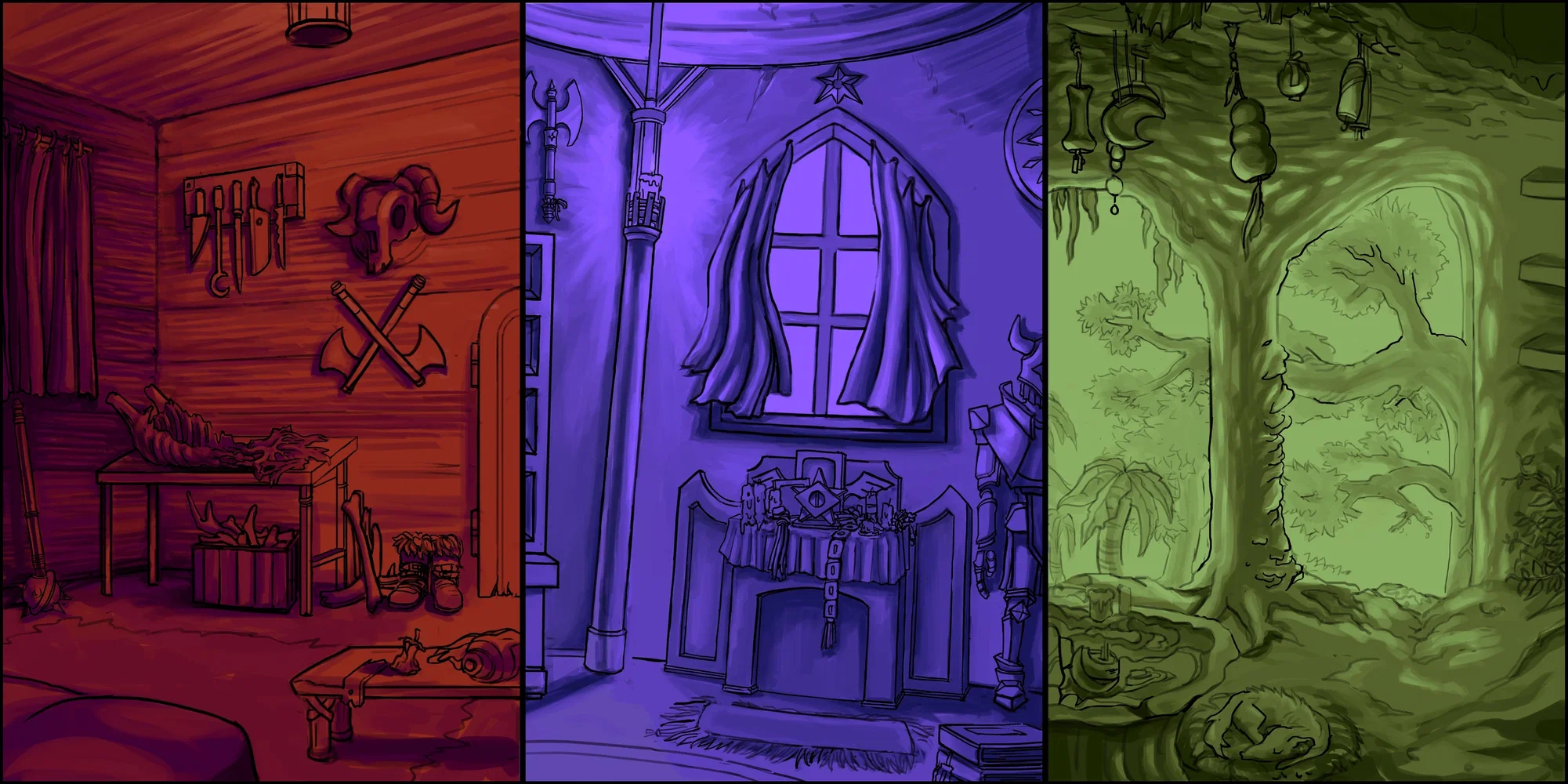A triptych of interior environments. Each one is in monochrome red, purple and green respectively. The first is a cabin with axes, butcher knives and an animal carcass laid out on a table. The second is a circular room with a large window, an altar, and a suit of armor. The third is a room with dirt walls containing plants and organic material. A forest is visible outside of the room.