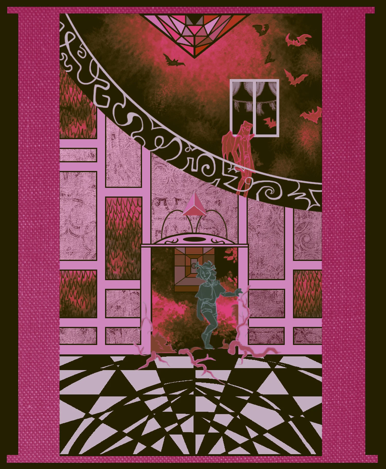 A pink illustrated poster depicting a room with two characters, one in the doorway and one on the staircase above.