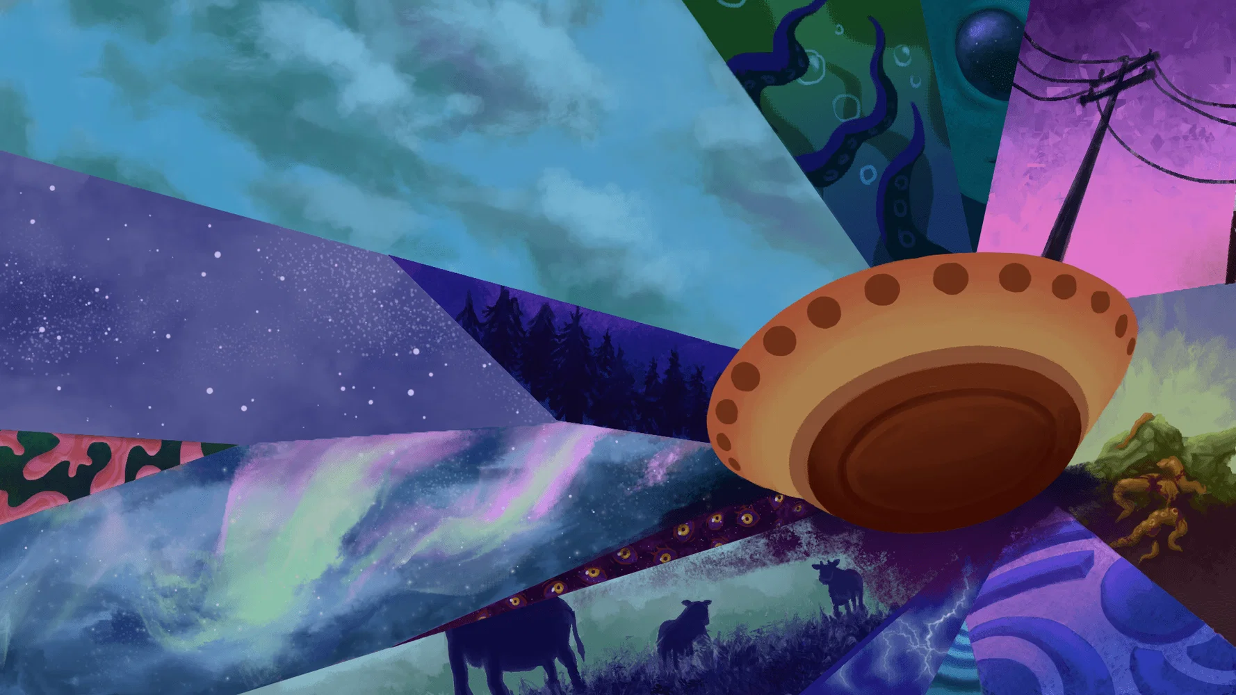 A digital illustration depicting a UFO in front of a series of fragmented images including a crop circle, a field of cows, tentacles, and the sky.