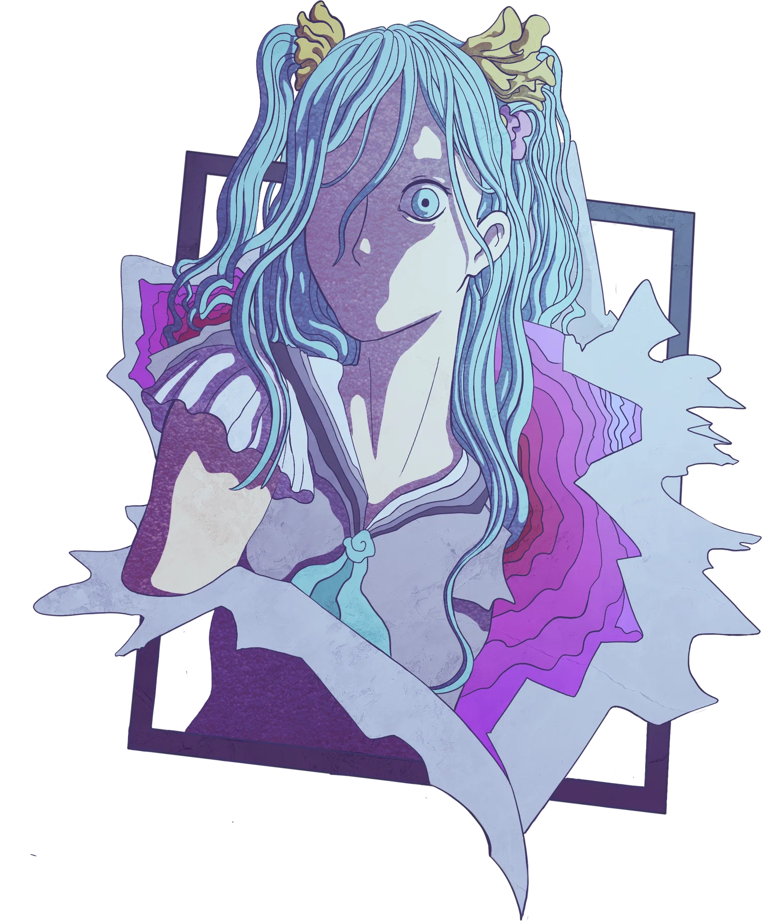 Digital portrait of a character in a transparent picture frame. She has blue hair and is surrounded by an effect like a cracked geode with jagged edges. Half her face is covered in shadow, so it appears as though she has no mouth or eyebrows.