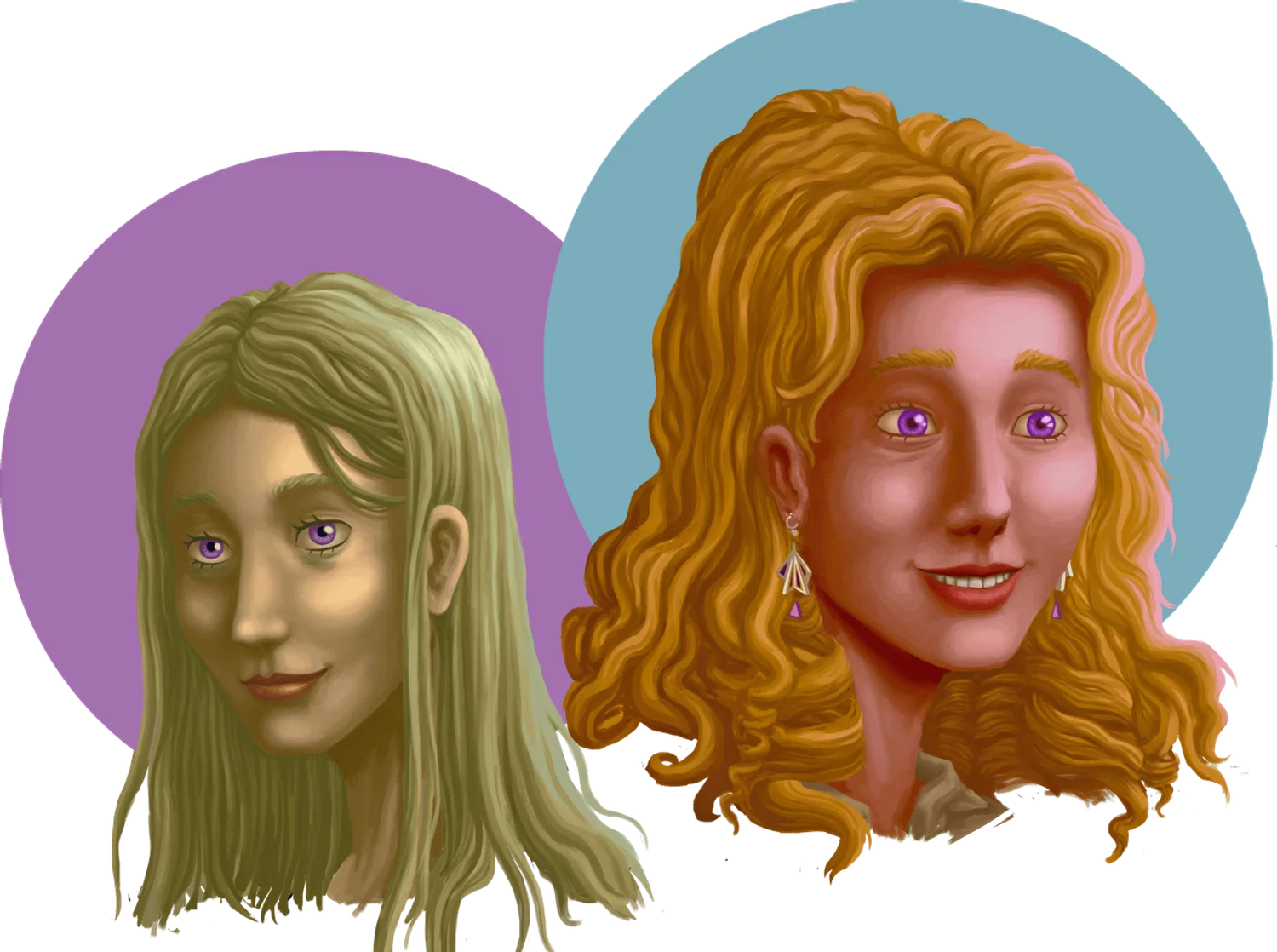 Portraits of two blonde women backed with solid color halos.