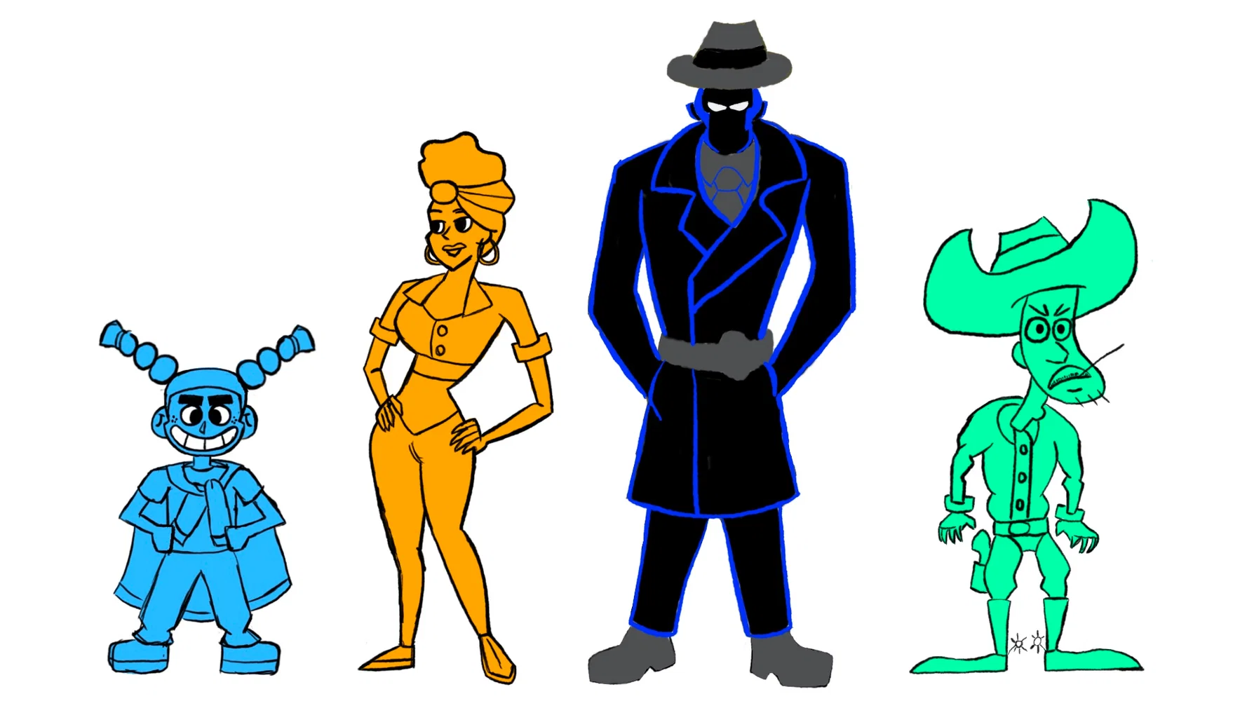 A line up of characters in a googie environment.