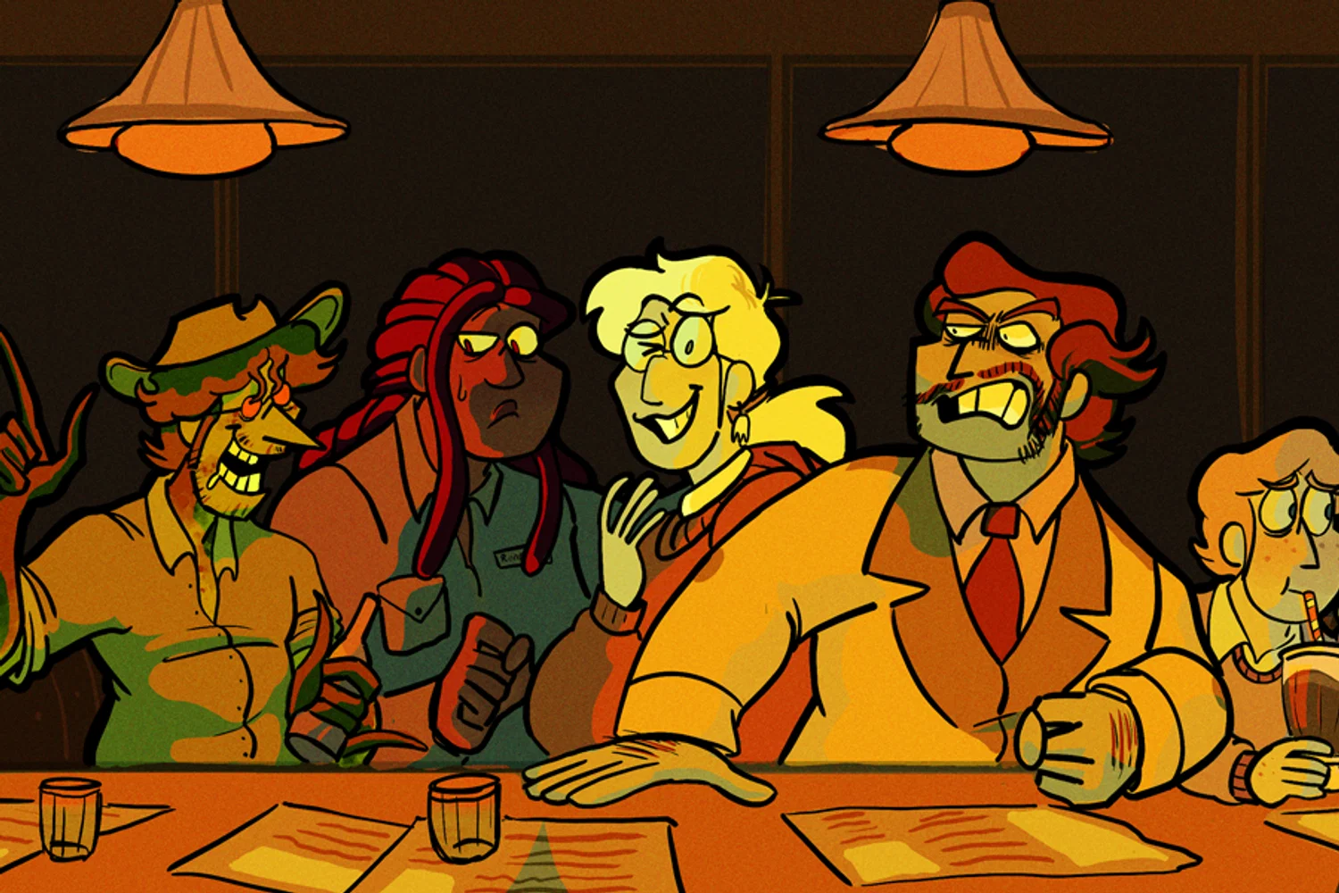 Digital illustration of assorted characters interacting in a diner setting