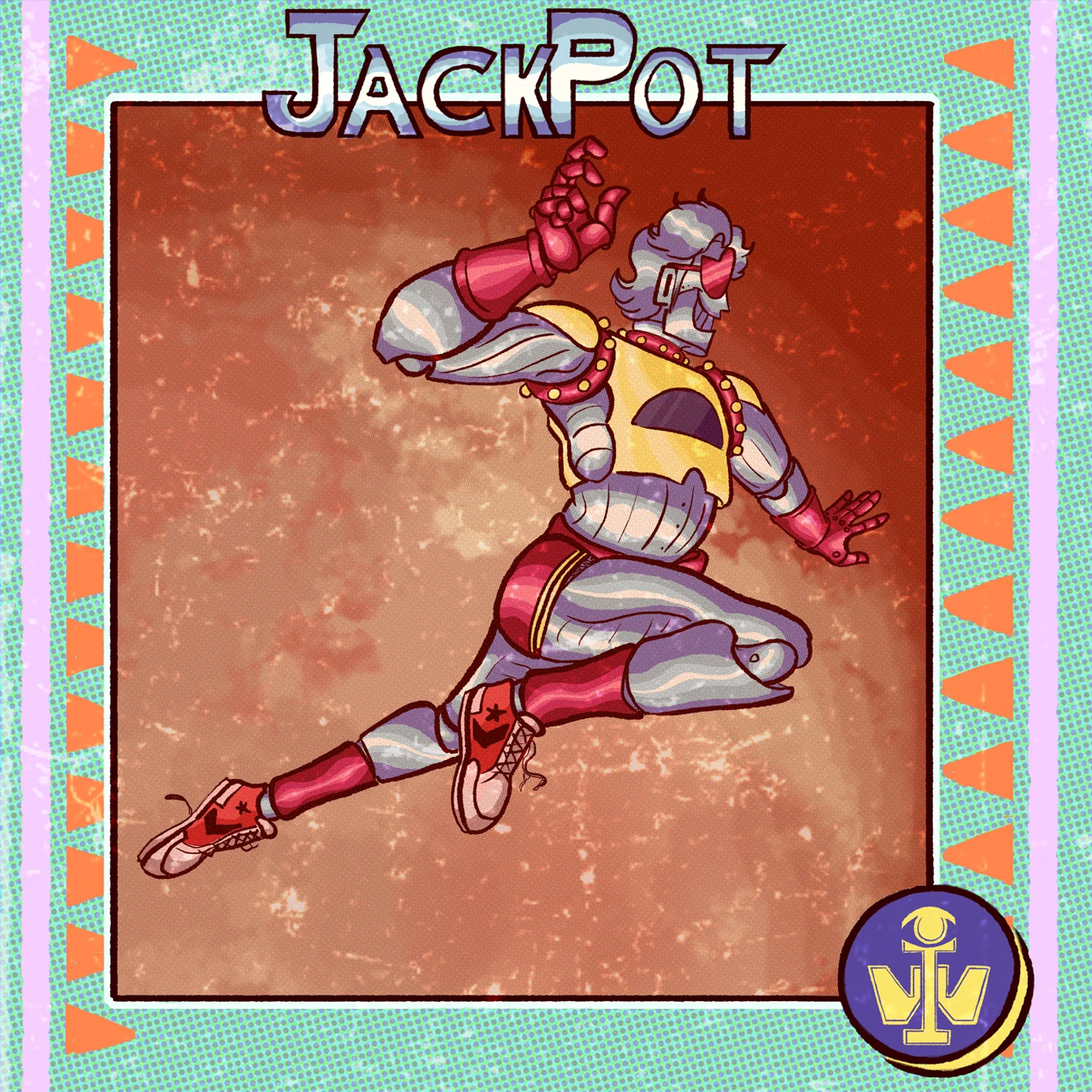 Digital illustration of a mock 80s magazine, the cover features a metallic man with the title JackPot in the header of the image