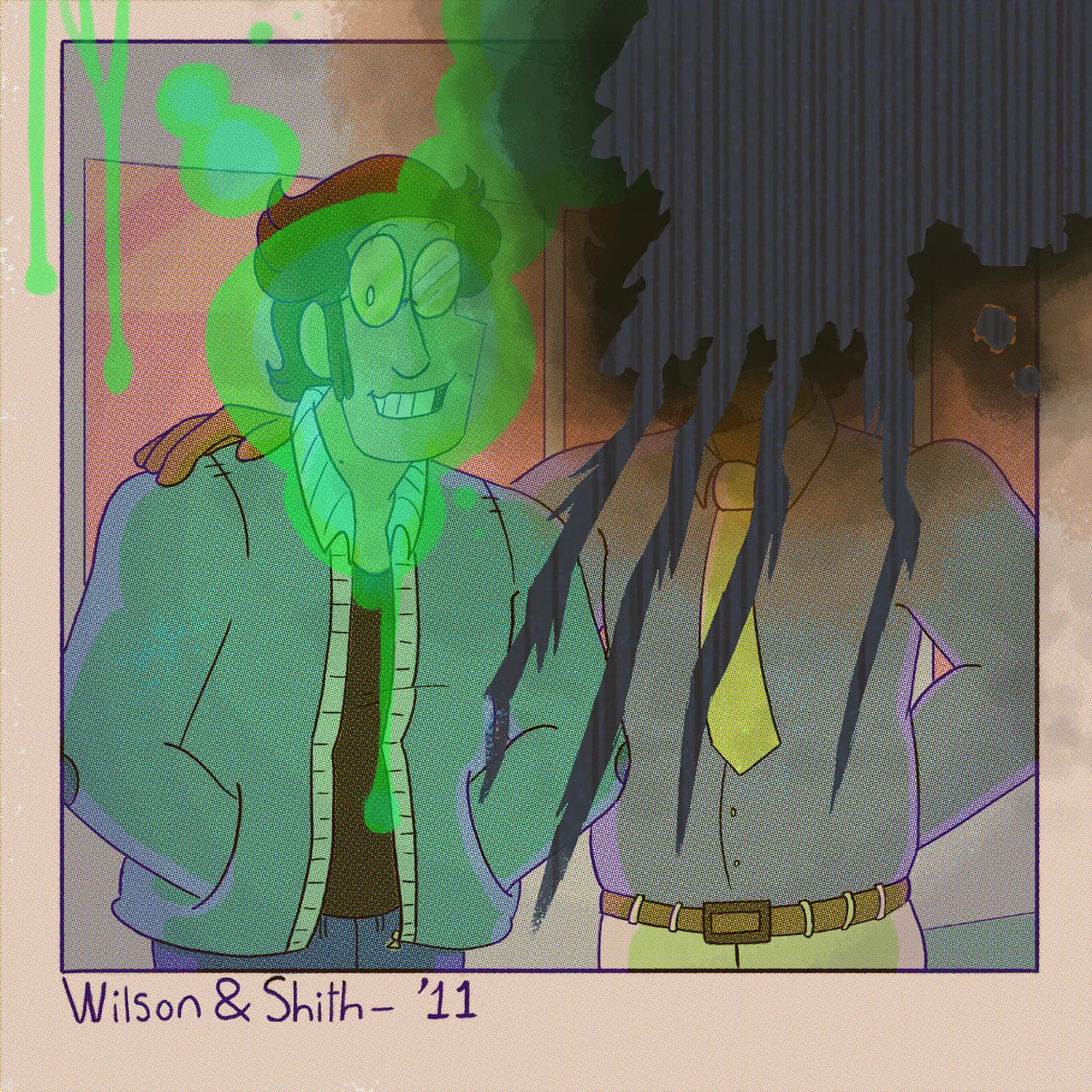Digital illustration of a destroyed polaroid of two men- left of the photo is soaked in a green substance while the right of the image is burnt, obscuring the man on the right's face