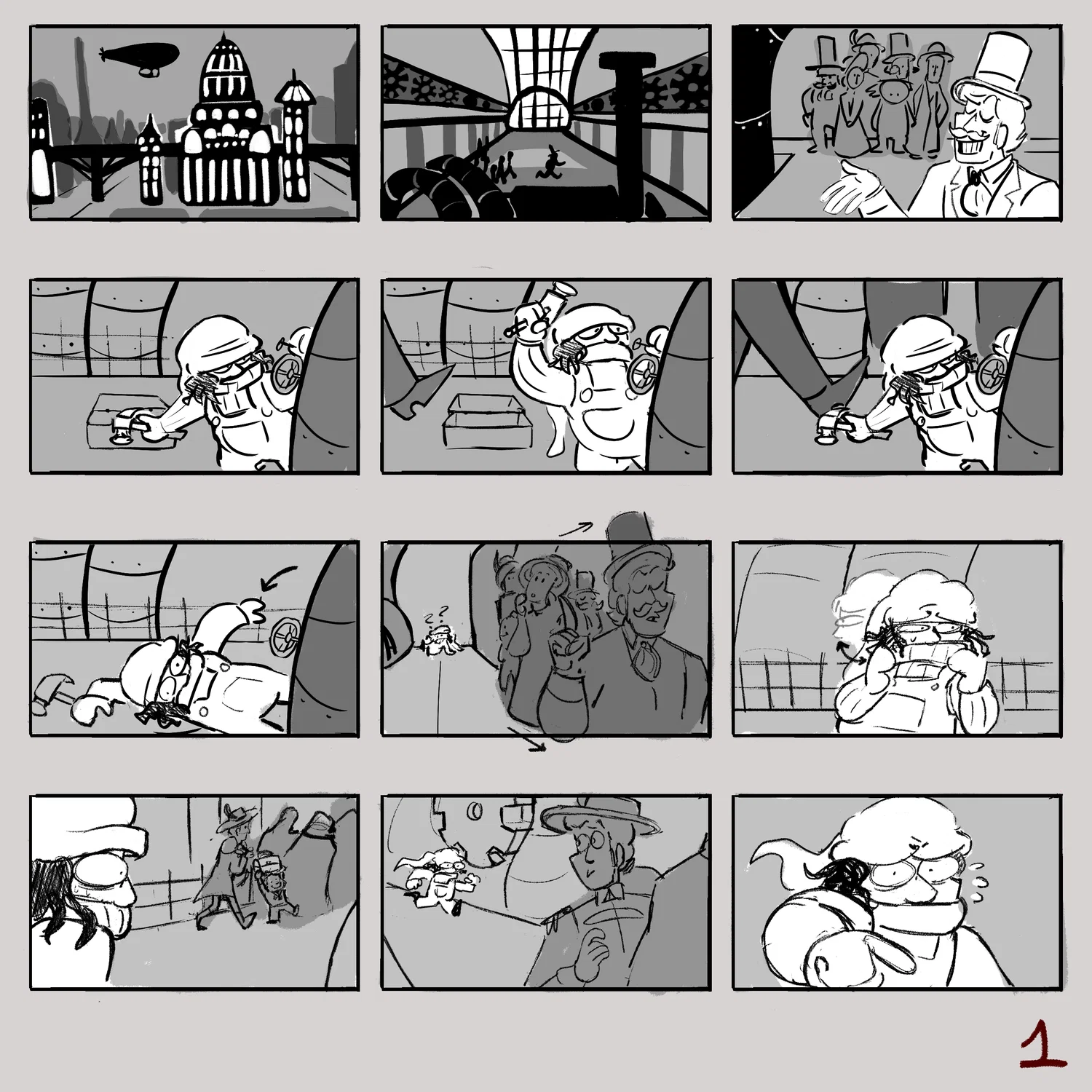 The first page of a storyboarded sequence, scene details a tour within an old factory