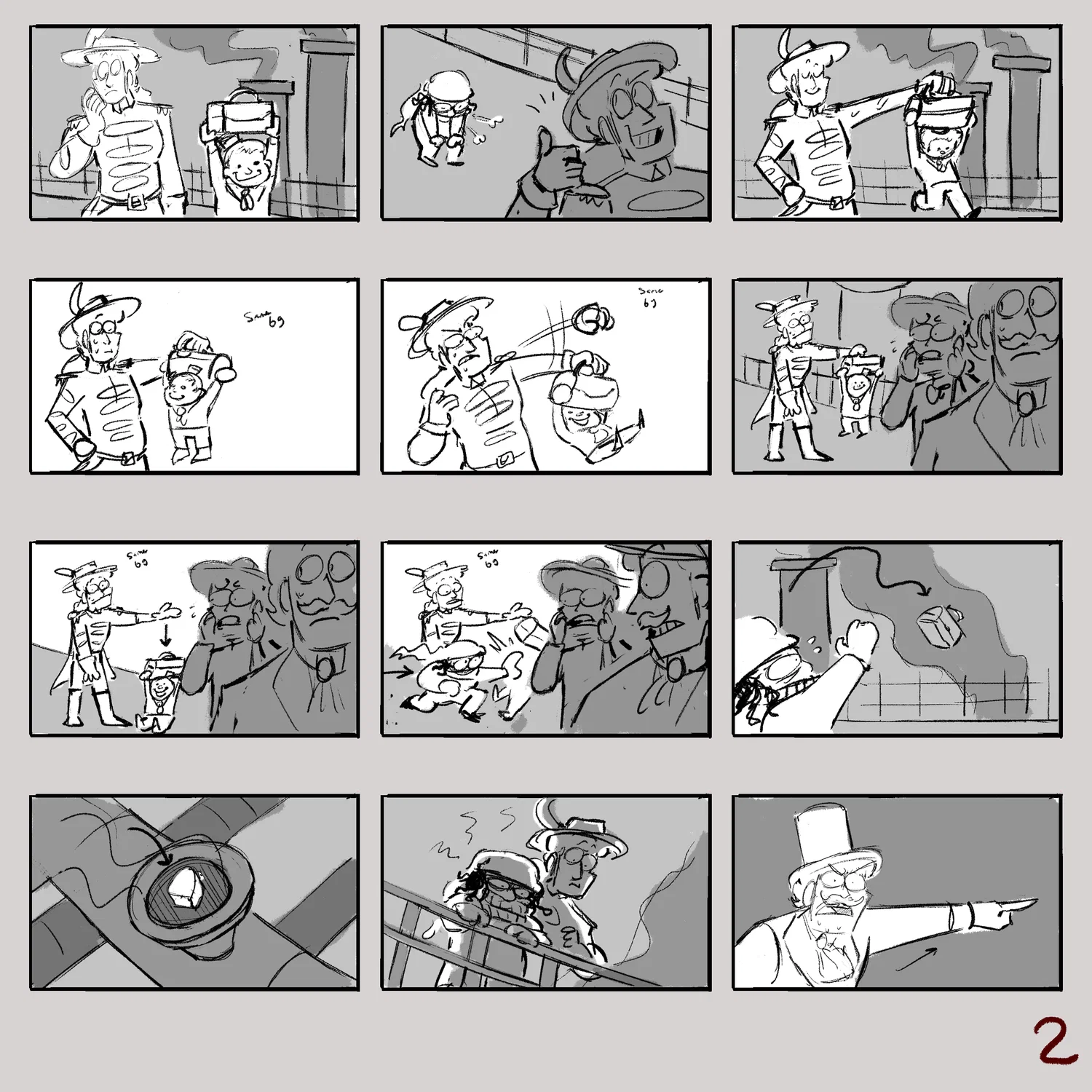 The second page of a storyboarded sequence, chaos starts to unfold in the factory as a worker's tool is dropped into a steam engine