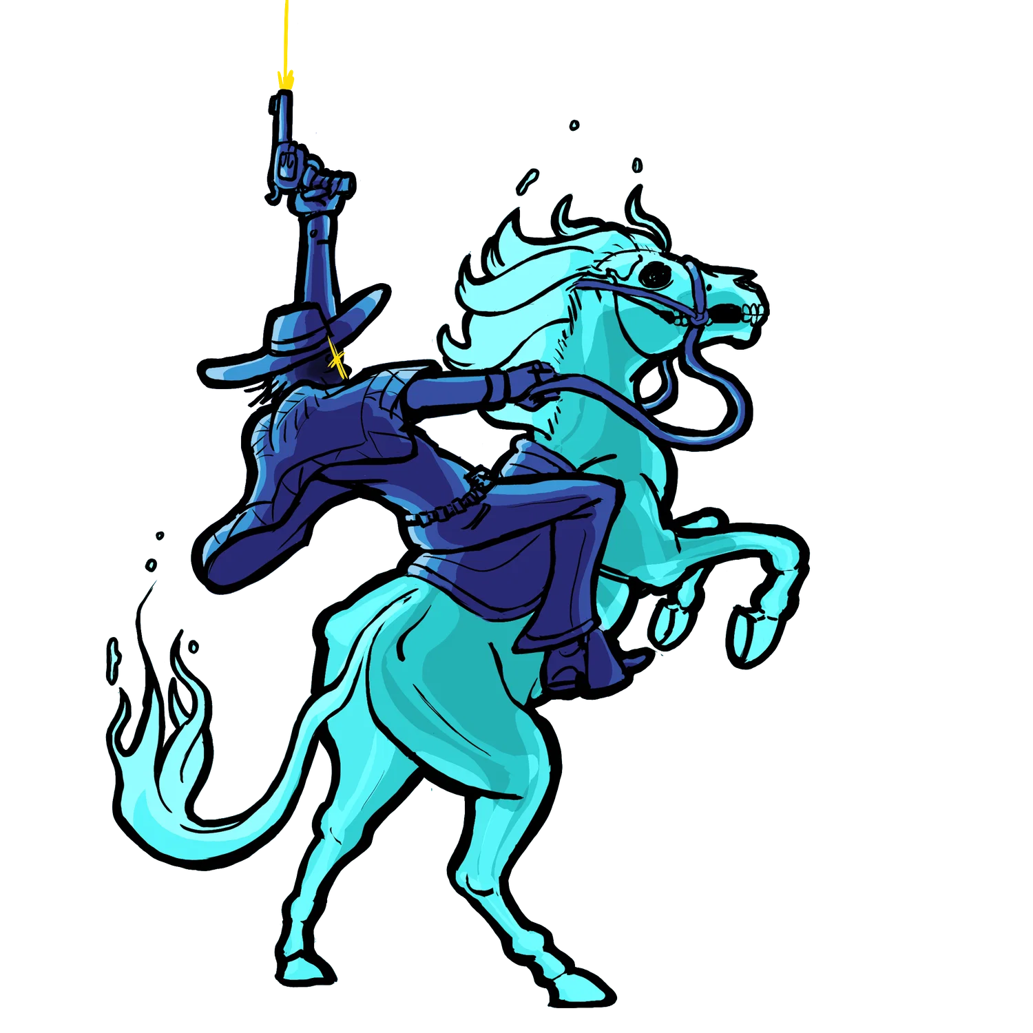 Digital illustration with a transparent background of a phantom cowboy figure atop a ghost horse, the cowboy is firing a shot in the air
