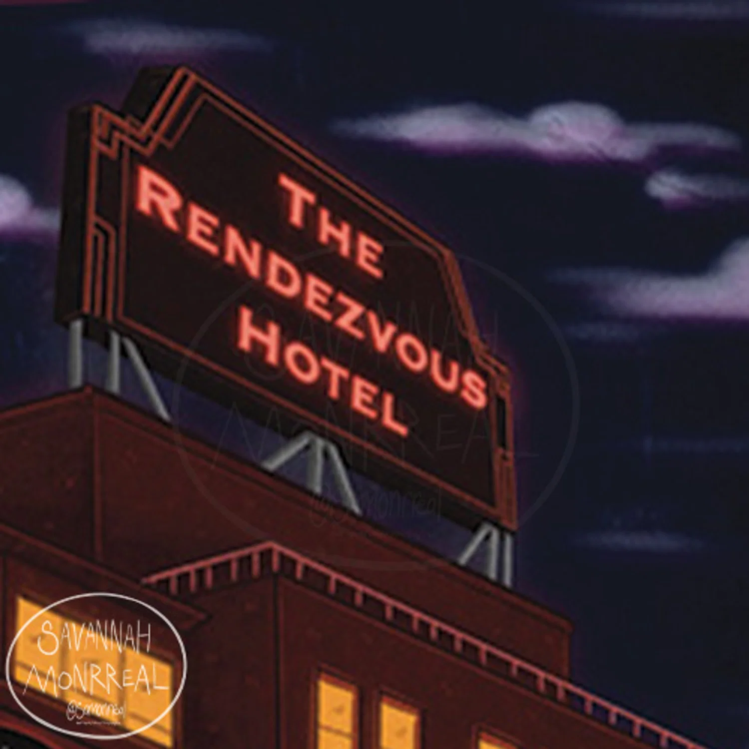 Exterior short of a hotel with a rooftop sign that reads, "The Rendezvous Hall" which is lit in red. There is a night sky with purple hued clouds cascading in the background. There is a watermark in the corner that says "Savannah Monrreal @samonrreal"