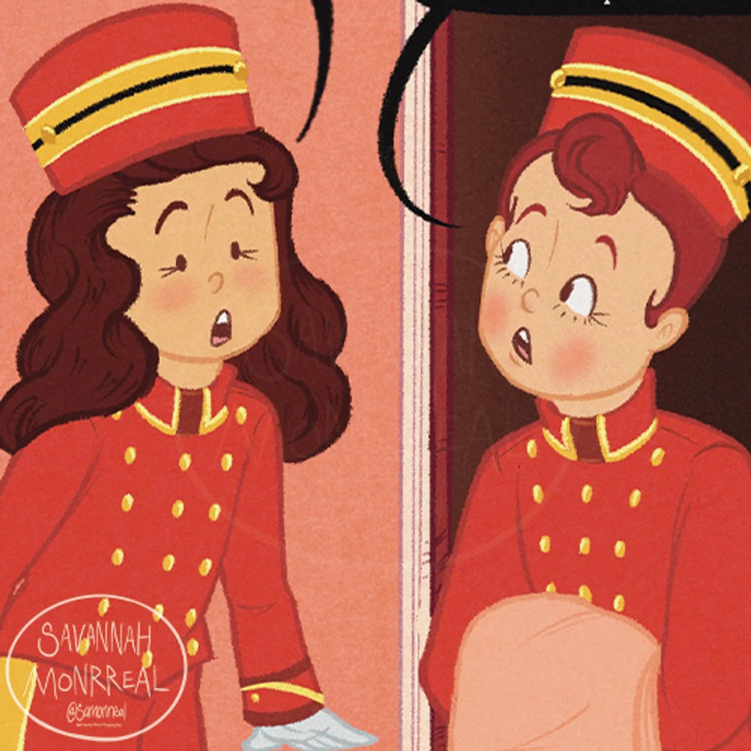 Two bellhops in identical red uniforms with three rows of buttons talking with each other. The left bellhop has long brown hair and the one on the right has red-brown hair with a curl on his forehead. The bellhop on the right is holding a pink-beige blanket in his arms. There is a watermark in the corner that says "Savannah Monrreal @samonrreal"