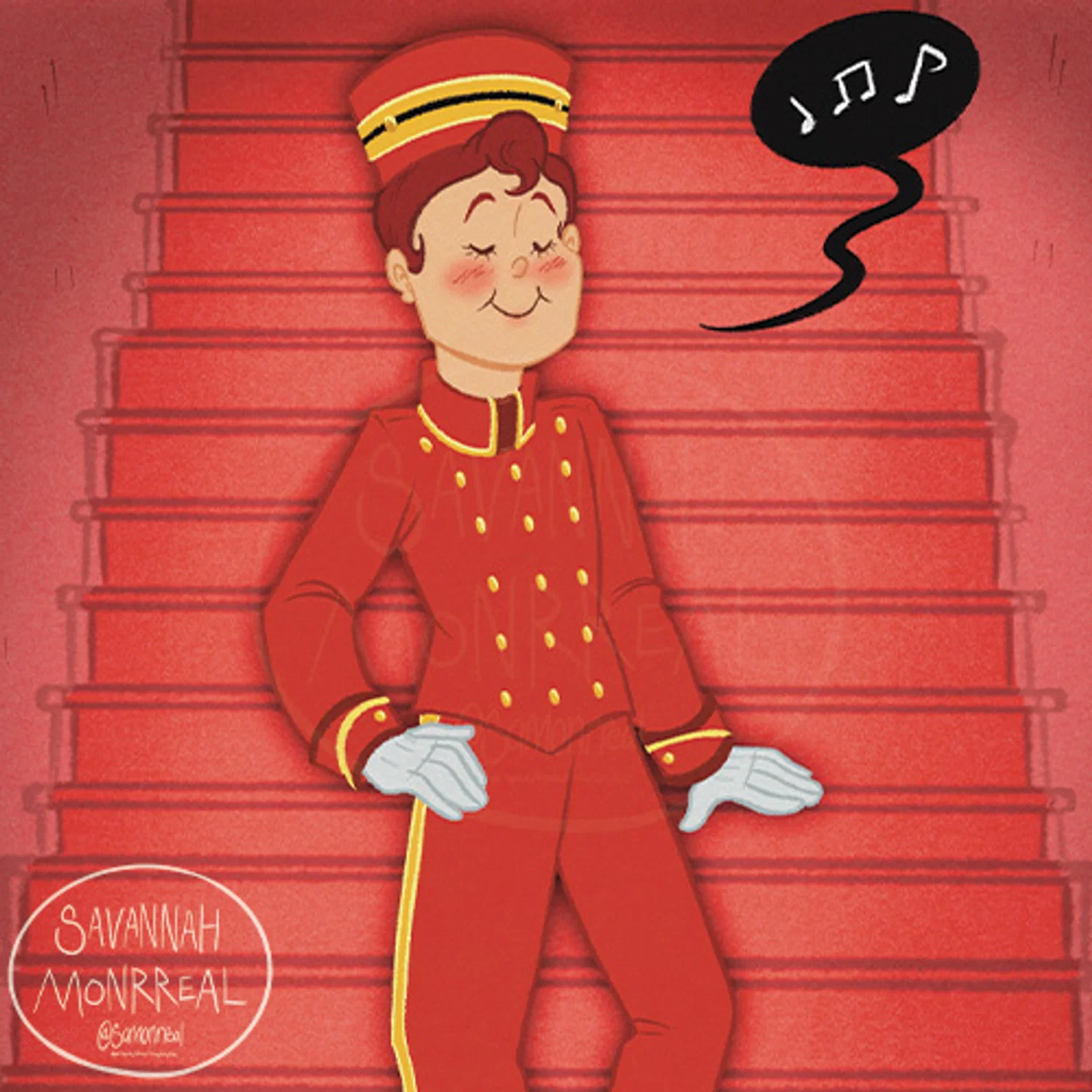 Bellhop protagonist is walking down red hued stairs. A black speech bubble next to his has white music notes, implying that he's humming. His eyes are closed and he has a content smile. There is a watermark in the corner that says "Savannah Monrreal @samonrreal"