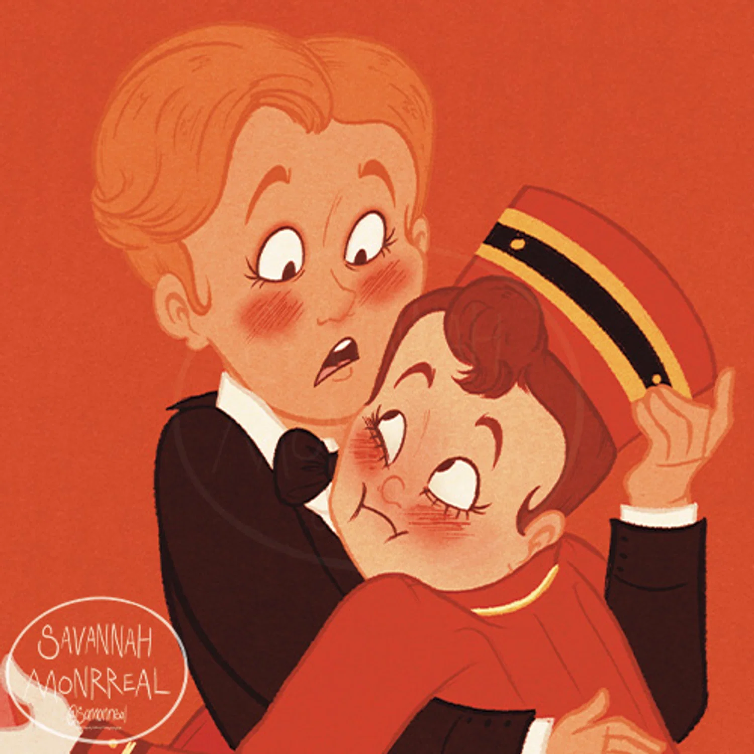 Bellhop is in the arms of the orange-blonde haired gentleman in the black tuxedo. The bellhop is still clutching the pink suitcase, the gentleman is holding onto him to keep him upright, his right hand is on the bellhop's back and his left hand is on the bellhops' head. Both their cheeks are prominently red, the bellhop's face is squished against the gentleman. The other has a face of surprise. There is a watermark in the corner that says "Savannah Monrreal @samonrreal"  