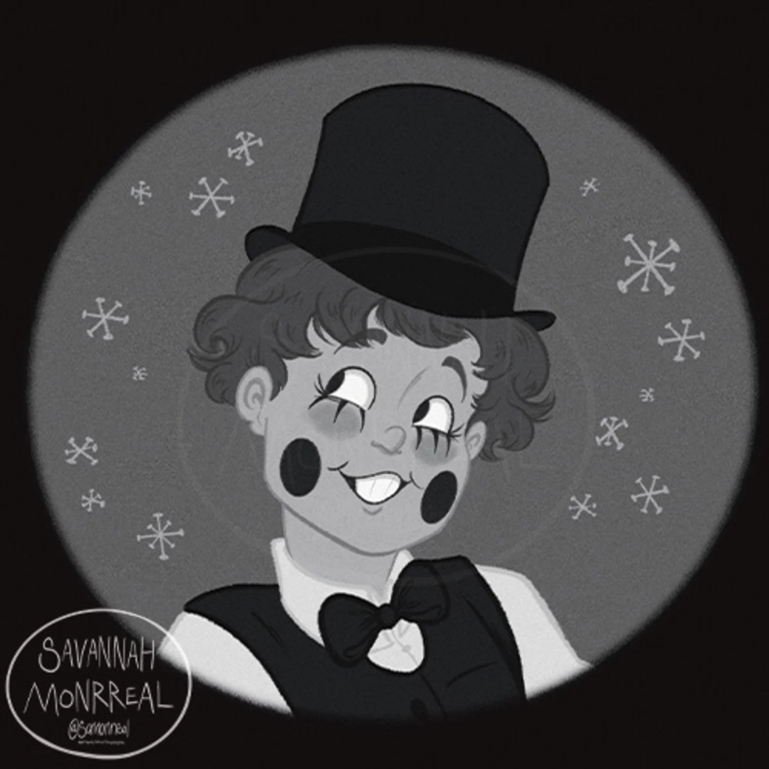 Main character is smiling and wearing a tuxedo and a top hat. He is placed within a grey circle with mid-century sparkled while the background is all black. Image is monochrome. There is a watermark in the corner that says "Savannah Monrreal @samonrreal"