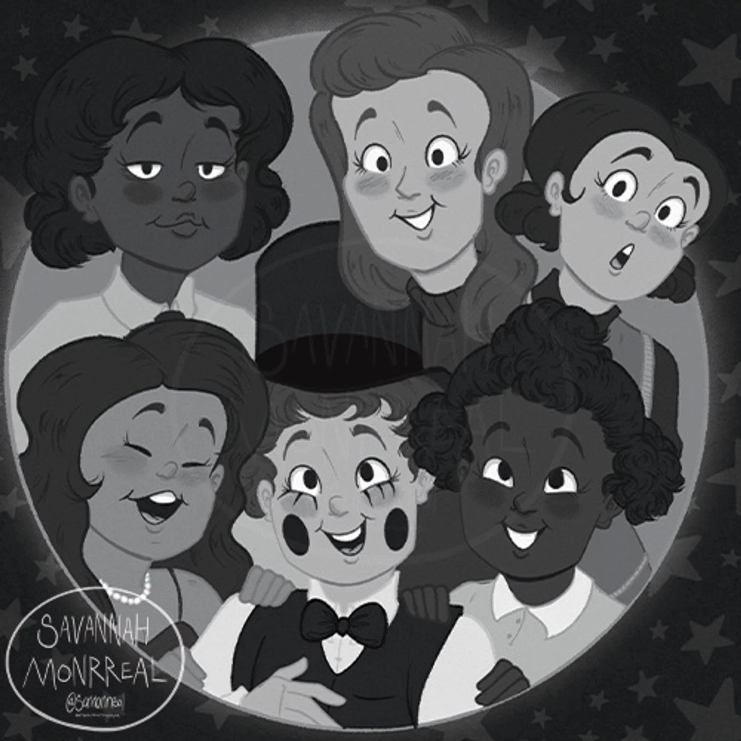 Main character is with a circle with five other bandmates, each with varying happy expressions. The background outside of the circle is black with light stars scattered around. The image is monochrome. The girl on the left has long dark hair and is wearing pearls and a dark dress. Above her is a girl with short black hair and she's wearing a white collared shirt and a tie. Next to her, the third girl has long light hair that is swept to the side and is wearing a dark turtleneck. The fourth girl has short black hair that is curled at the end and she is wearing a light collared shirt and a dark sweater vest. Her face is more surprised that the rest. The fifth girl has curly dark hair and she is wearing a light dress which has a collar and short sleeves. The main character is wearing a black tuxedo and a top hat, he is tin the center of the group. There is a watermark in the corner that says "Savannah Monrreal @samonrreal"